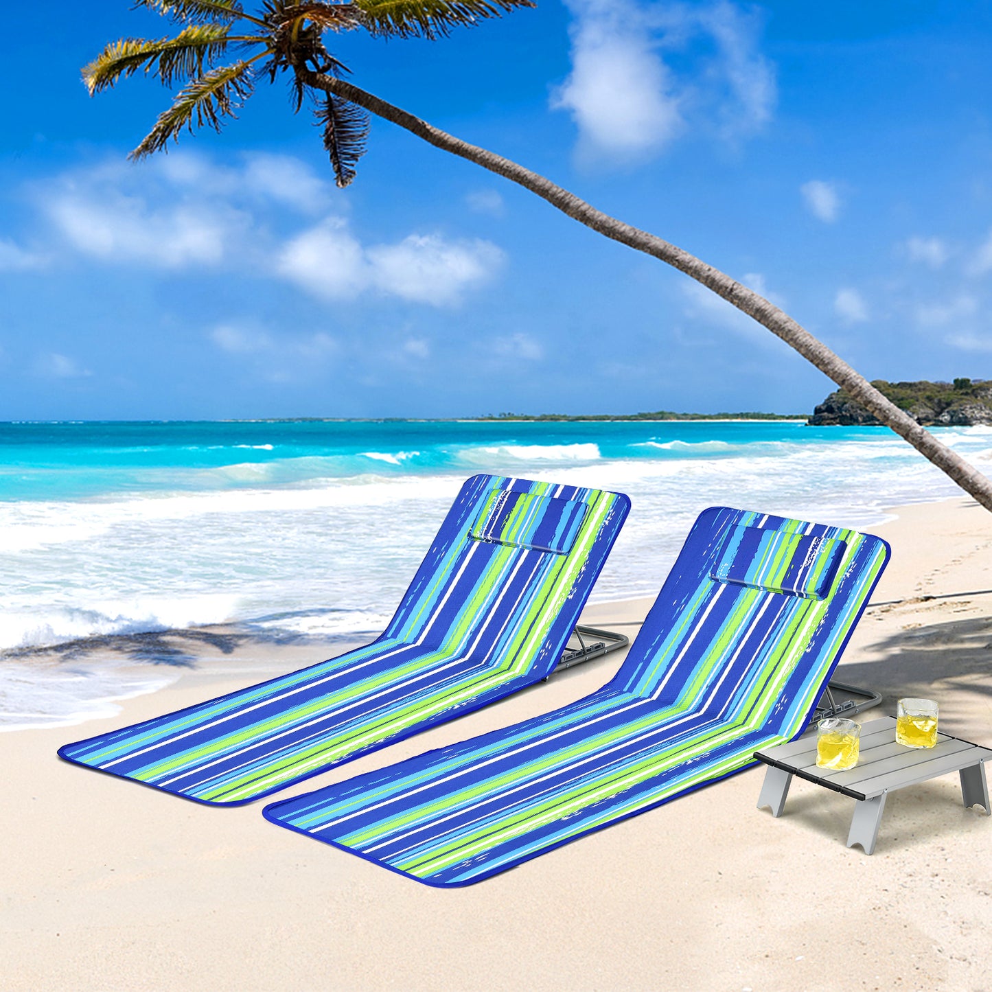3 Pieces Beach Lounge Chair Mat Set 2 Adjustable Lounge Chairs with Table Stripe-Blue