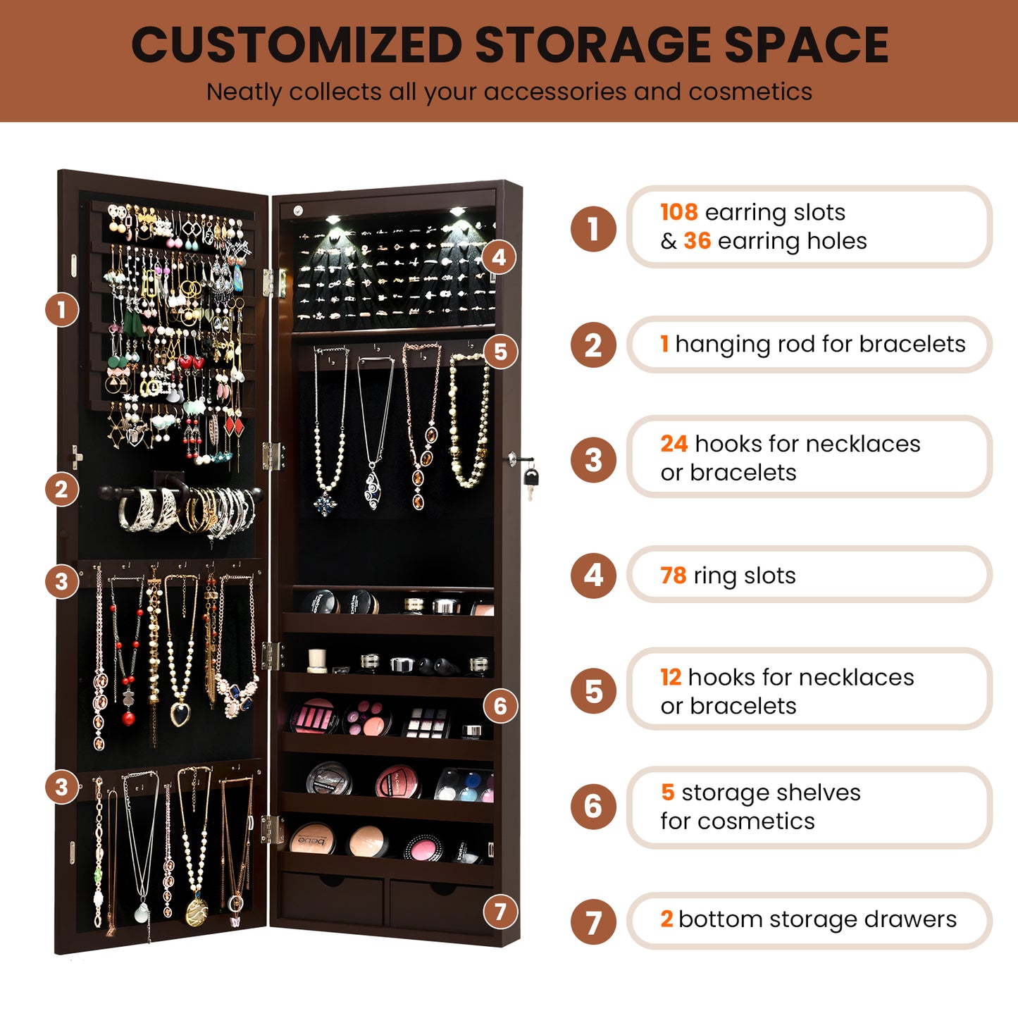 Lockable Wall Mount Mirrored Jewelry Cabinet with LED Lights-Brown