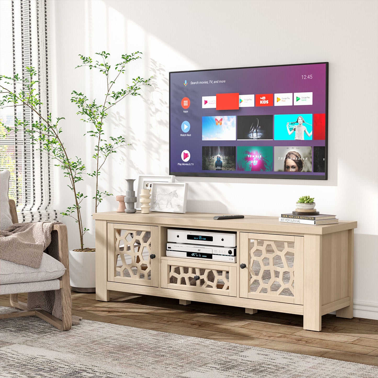 55 Inch Retro TV Stand Media Entertainment Center with Mirror Doors and Drawer-Natural