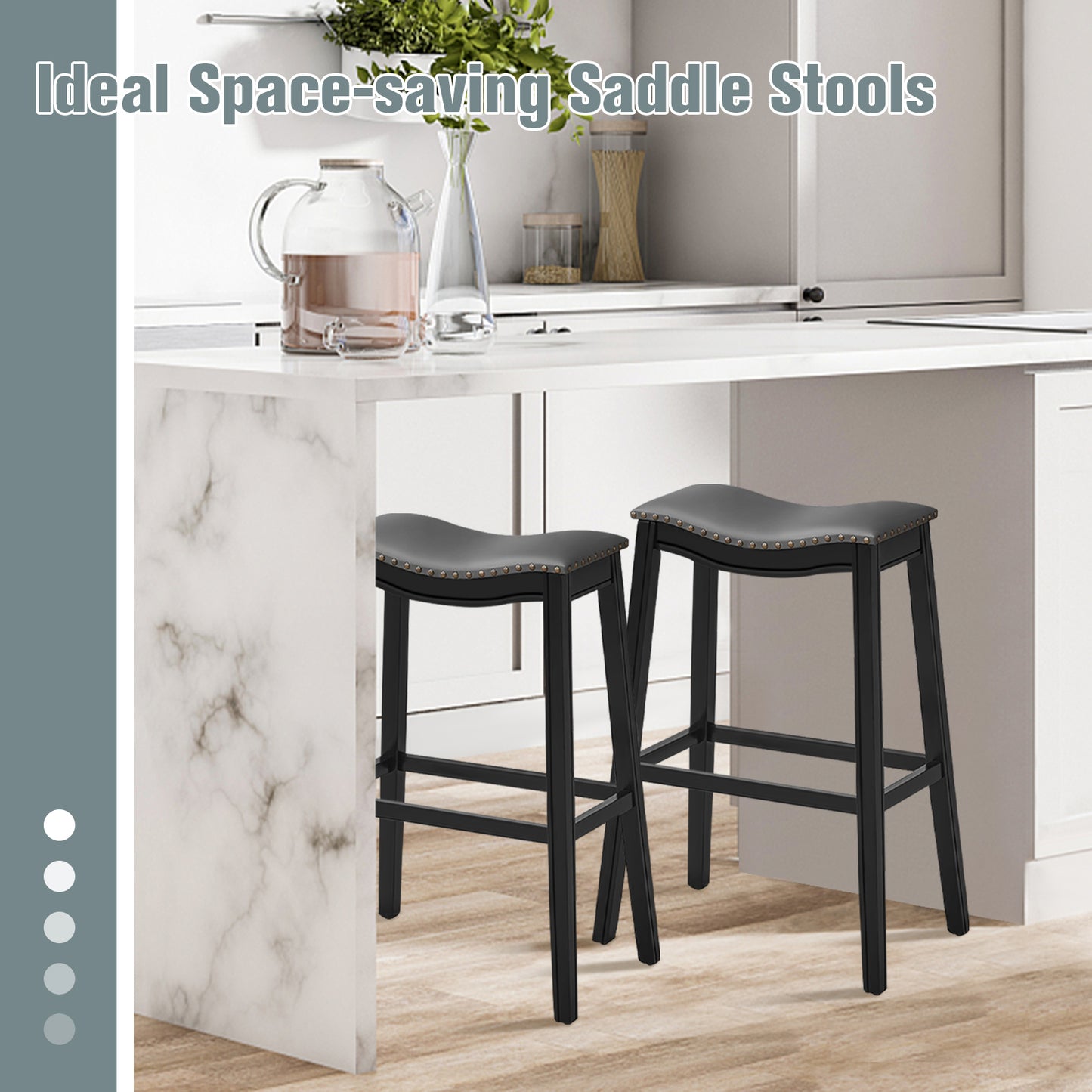 Set of 2 29 Inch Backless Wood Nailhead Barstools with PVC Leather Seat-Black