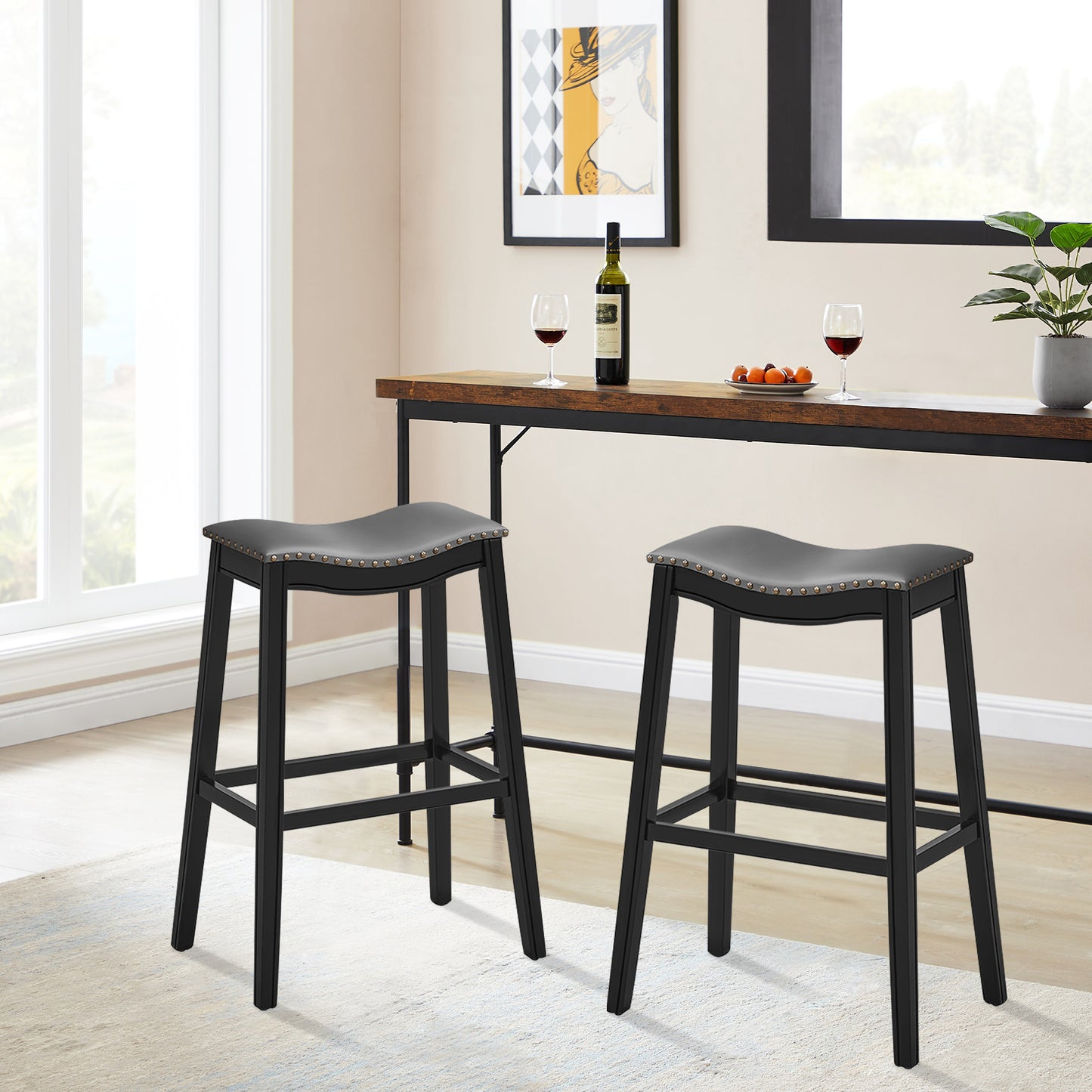 Set of 2 29 Inch Backless Wood Nailhead Barstools with PVC Leather Seat-Black