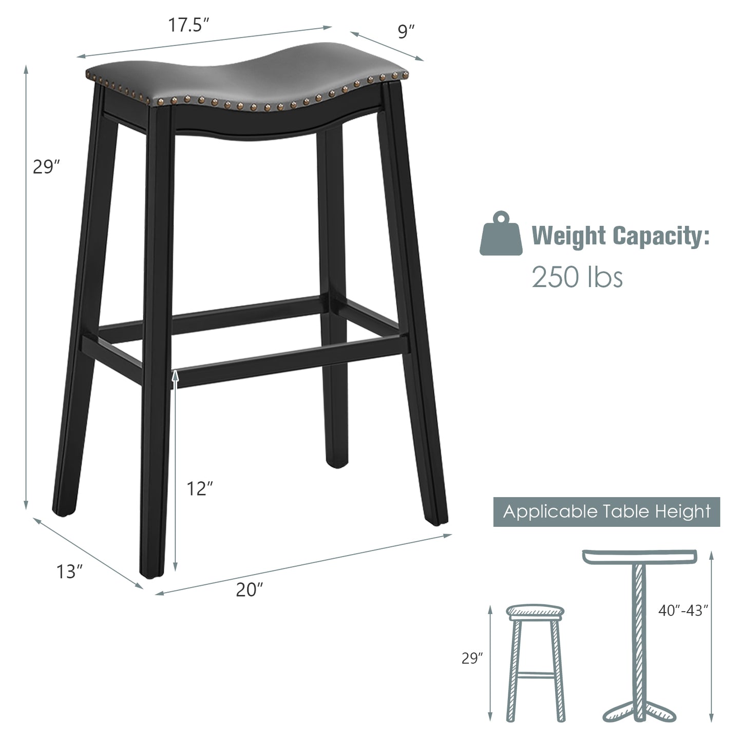 Set of 2 29 Inch Backless Wood Nailhead Barstools with PVC Leather Seat-Black