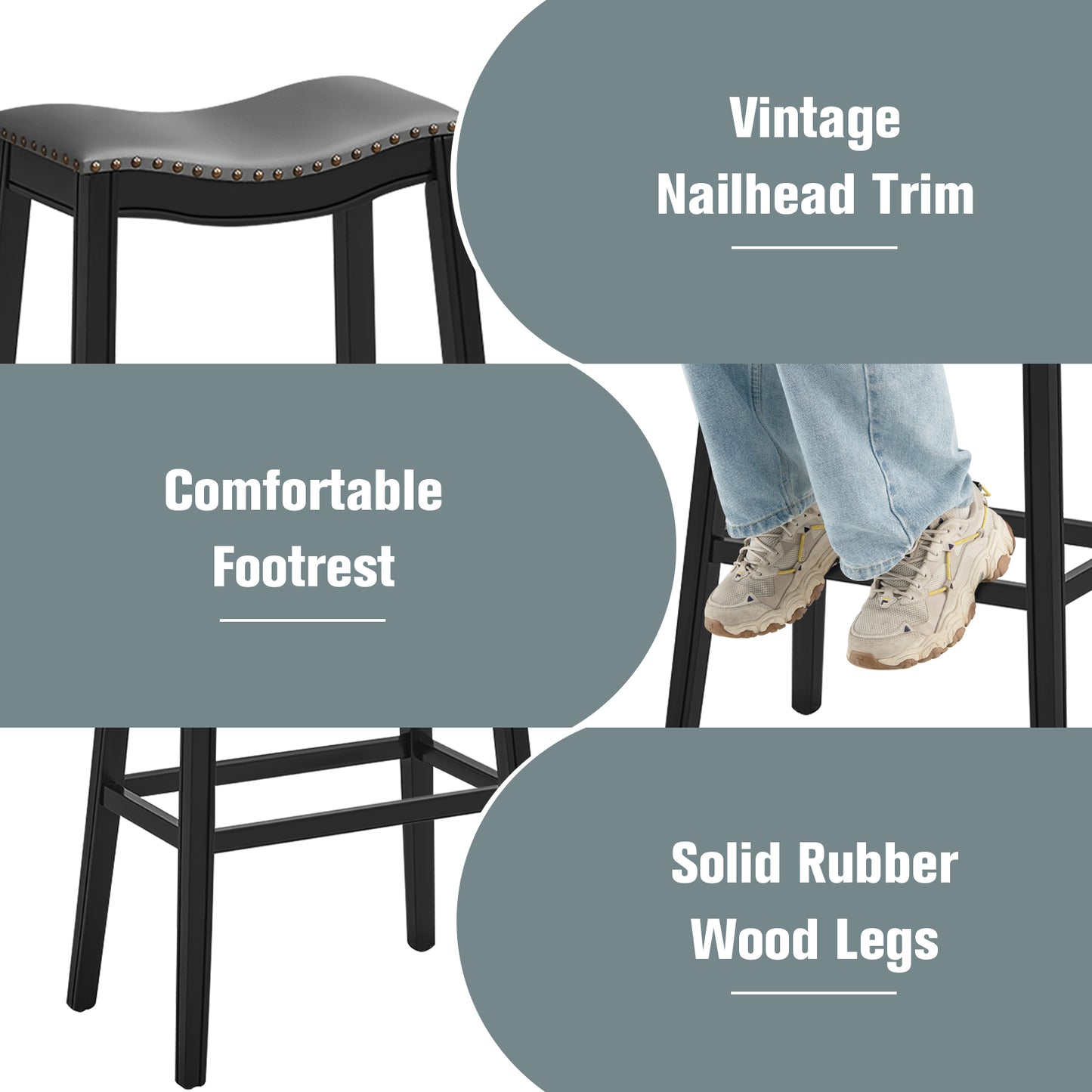 Set of 2 29 Inch Backless Wood Nailhead Barstools with PVC Leather Seat-Black