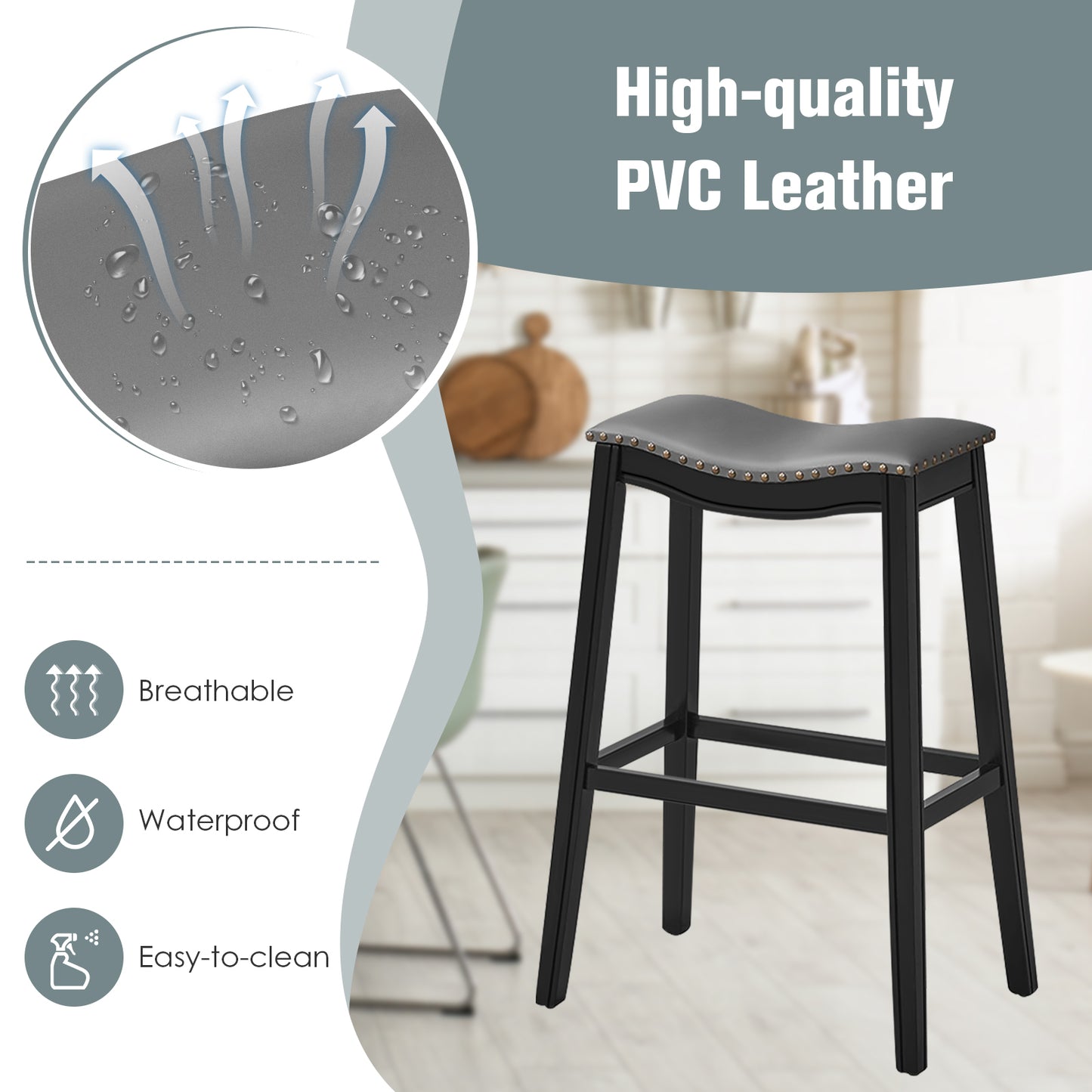 Set of 2 29 Inch Backless Wood Nailhead Barstools with PVC Leather Seat-Black