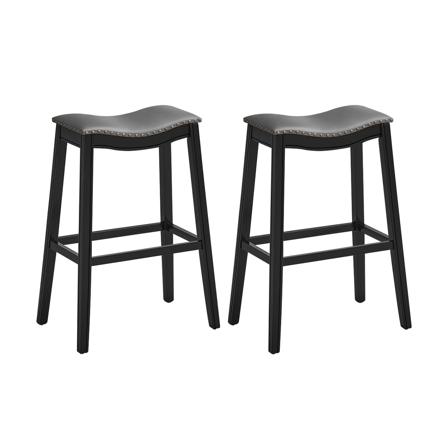 Set of 2 29 Inch Backless Wood Nailhead Barstools with PVC Leather Seat-Black