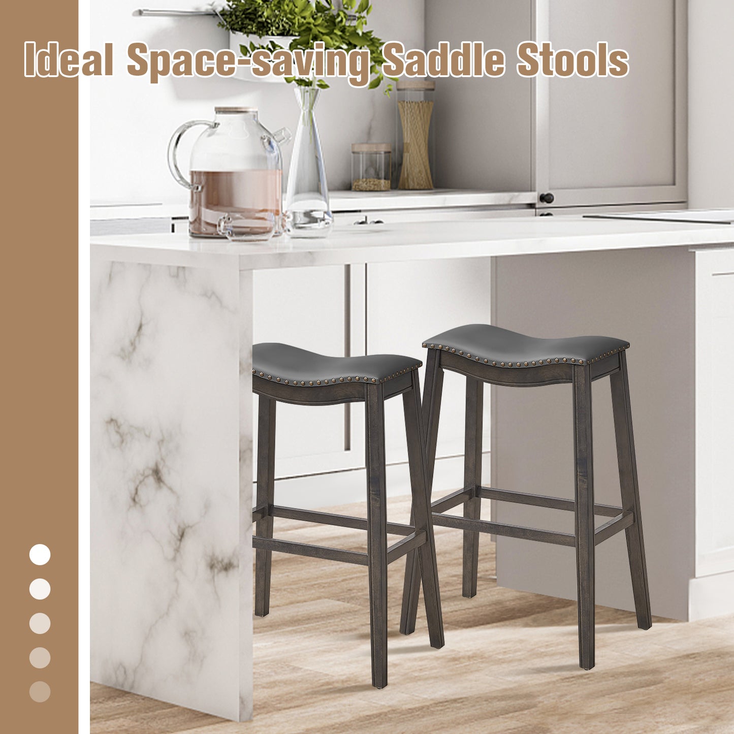 29 Inch Set of 2 Backless Wood Nailhead Barstools with PVC Leather Seat-Gray