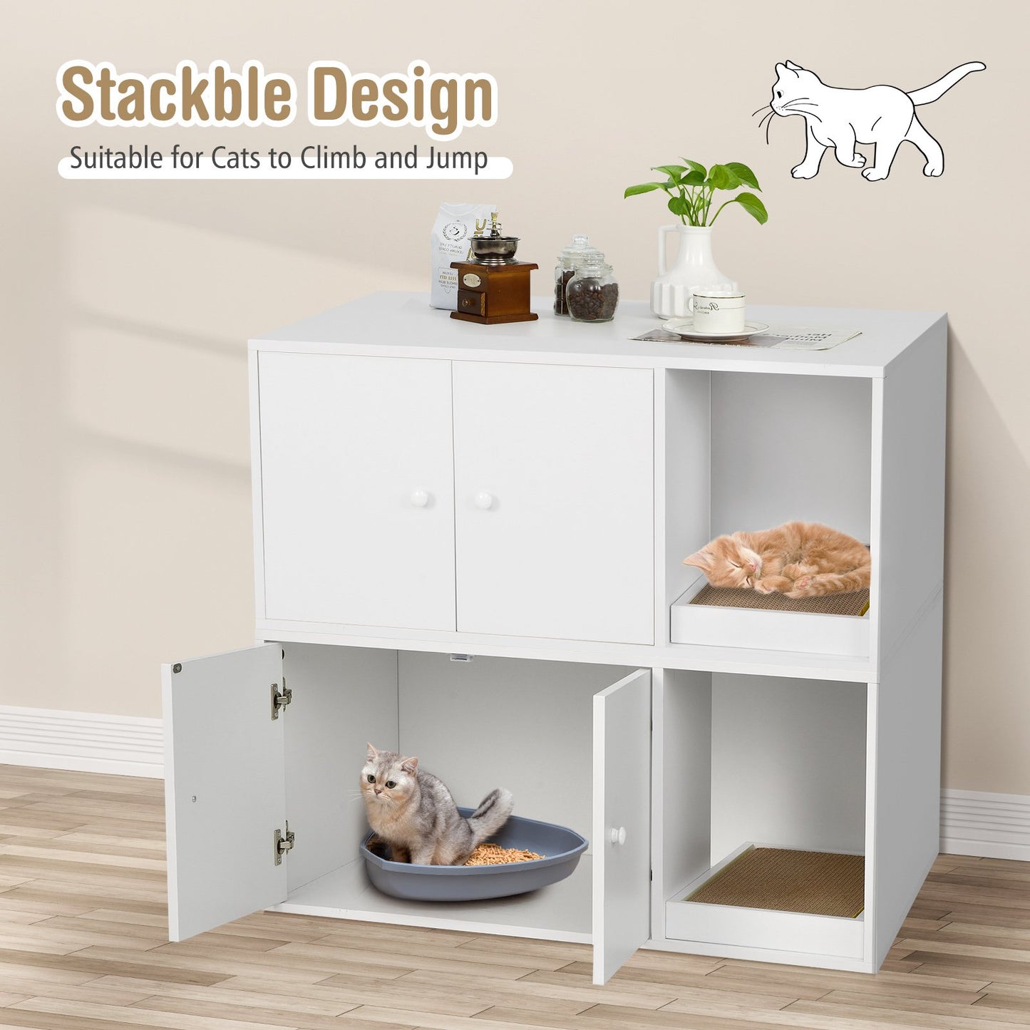 Cat Litter Box Enclosure with Divider and Double Doors-Brown