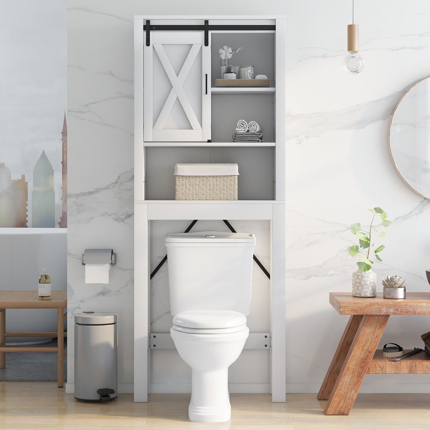White 3-tier wooden bathroom cabinet with sliding barn door and adjustable shelves, over-the-toilet storage for bathroom organization.