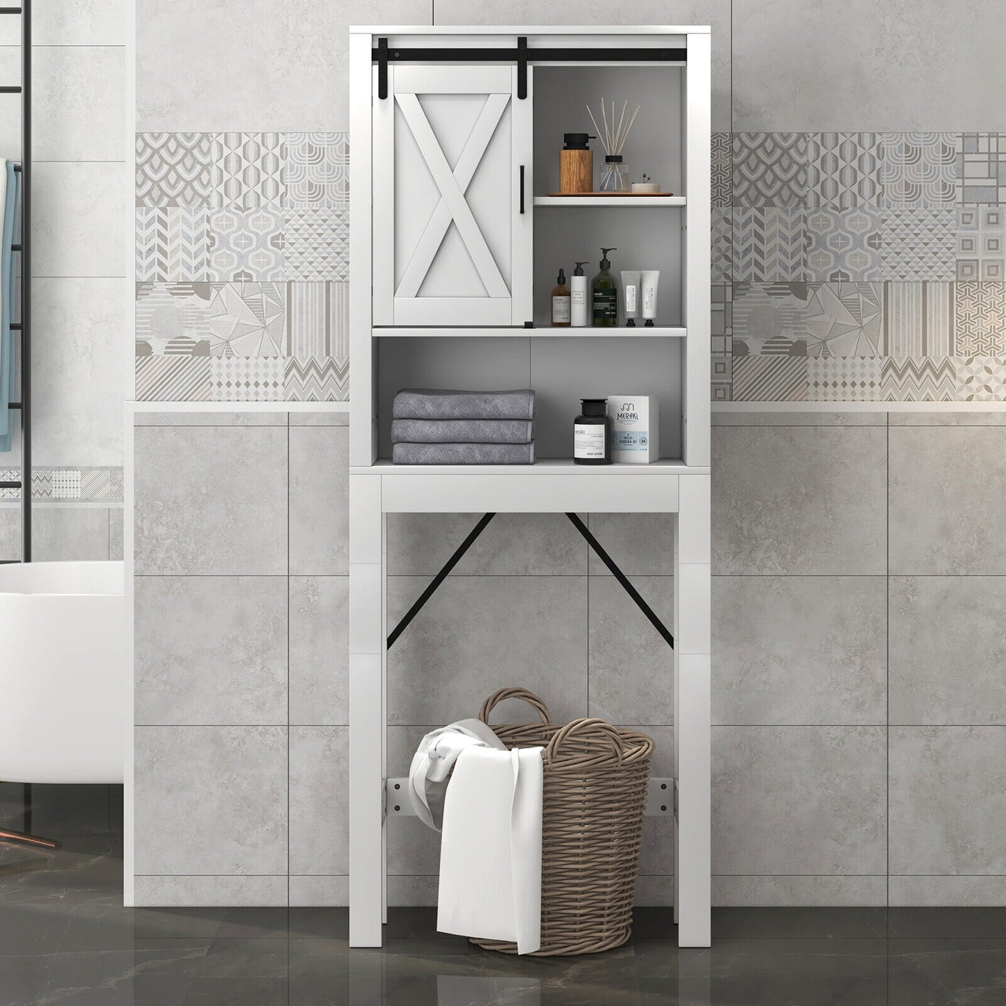 3-Tier Wodden Bathroom Cabinet with Sliding Barn Door and 3-position Adjustable Shelves-White