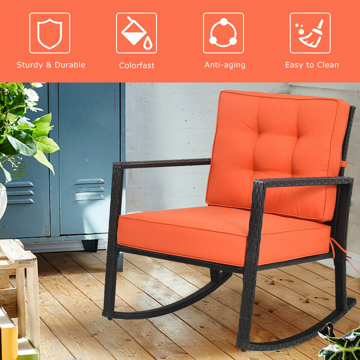 Patio Rattan Rocker Outdoor Glider Rocking Chair Cushion Lawn-Orange