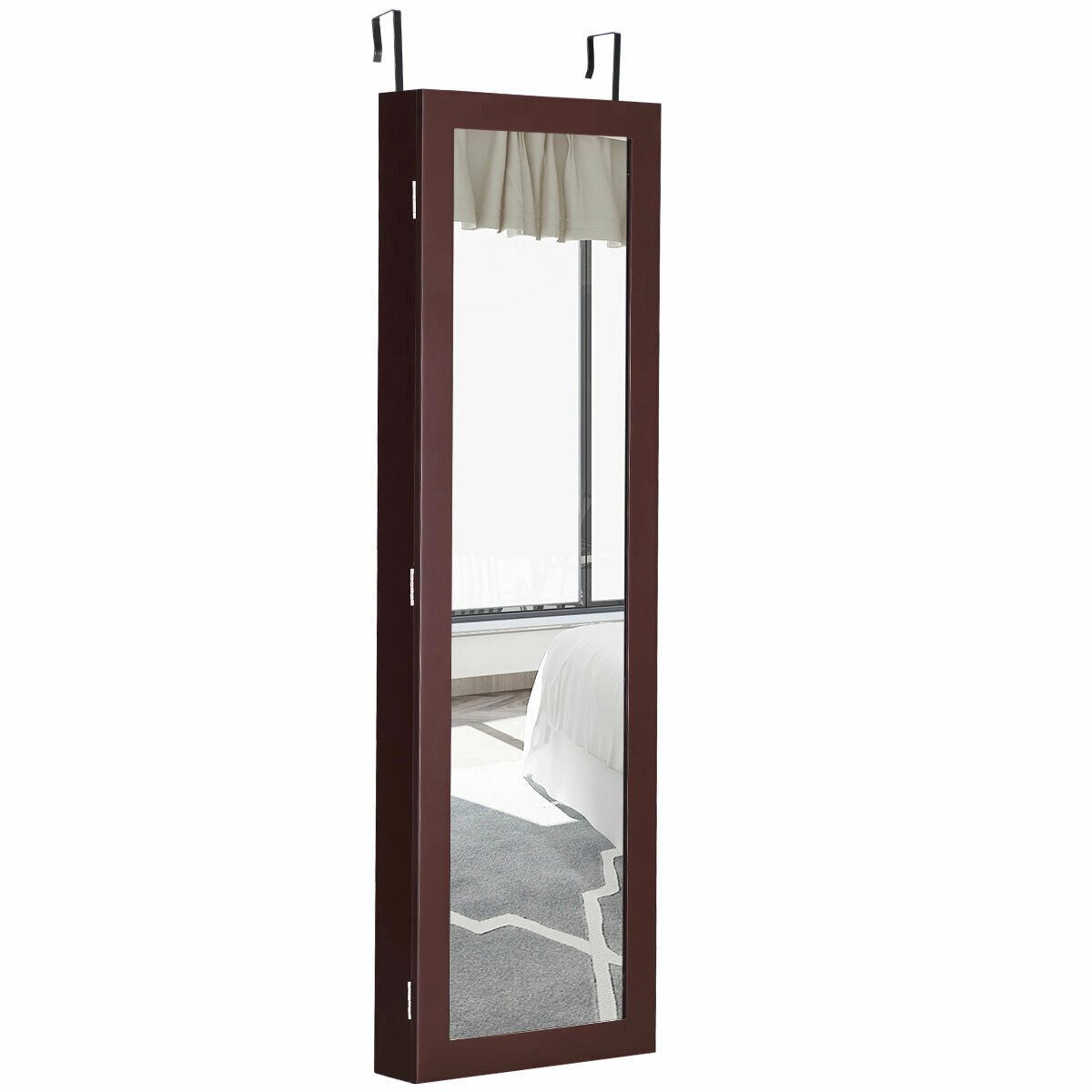 Full Length Mirror Jewelry Cabinet with Ring Slots and Necklace Hooks-Dark Brown
