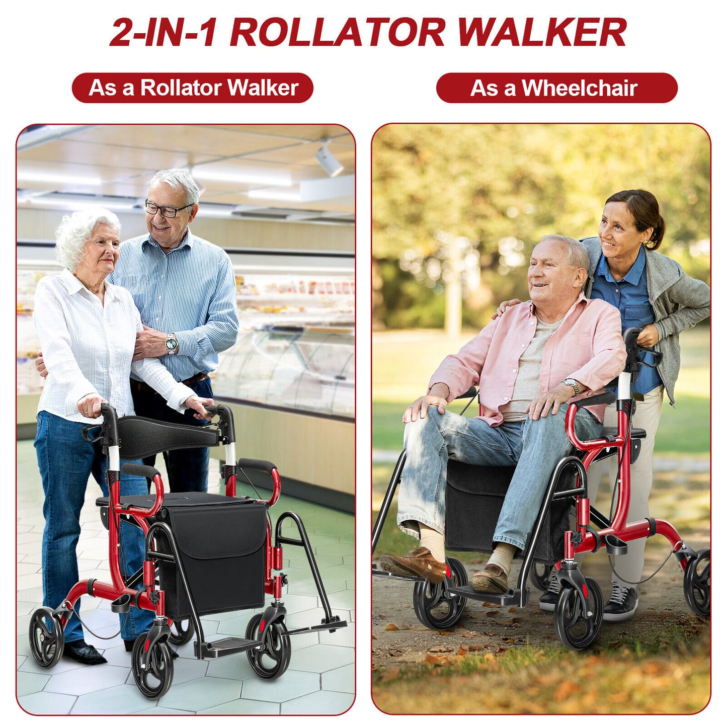 Folding Rollator Walker with 8-inch Wheels and Seat-Black