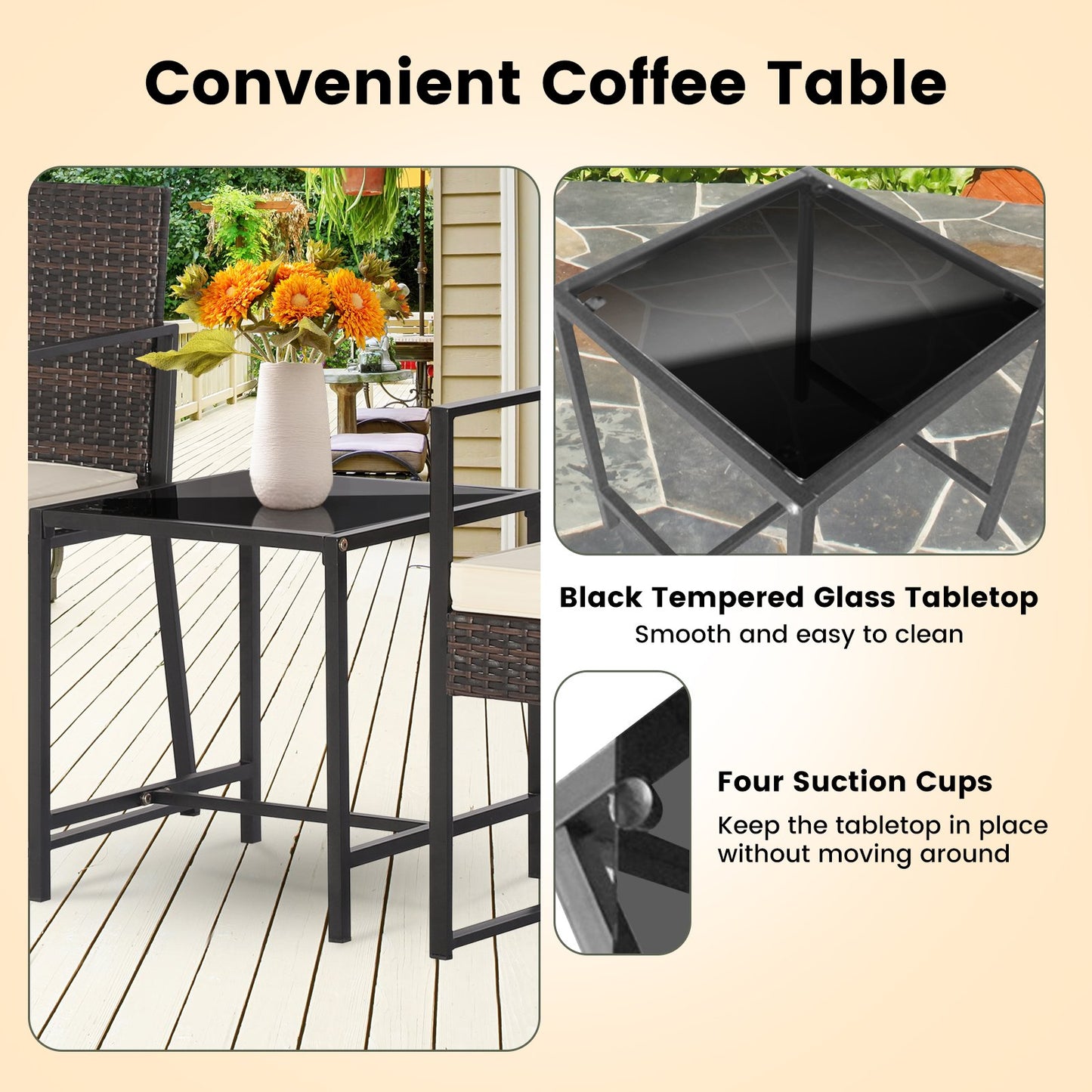 3 Pieces Modern Heavy Duty Patio Furniture Set with Coffee Table-Black
