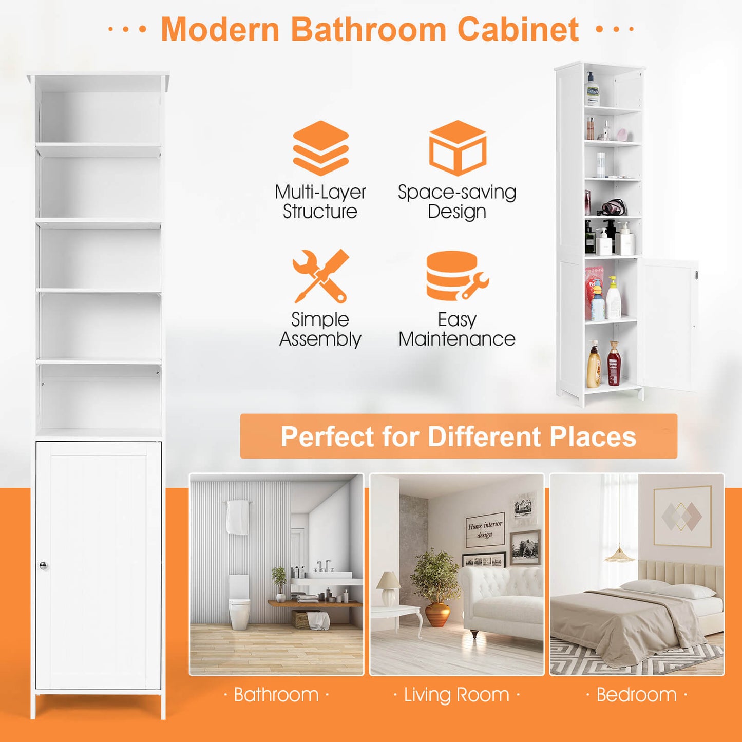 72 Inches Free Standing Tall Floor Bathroom Storage Cabinet-White