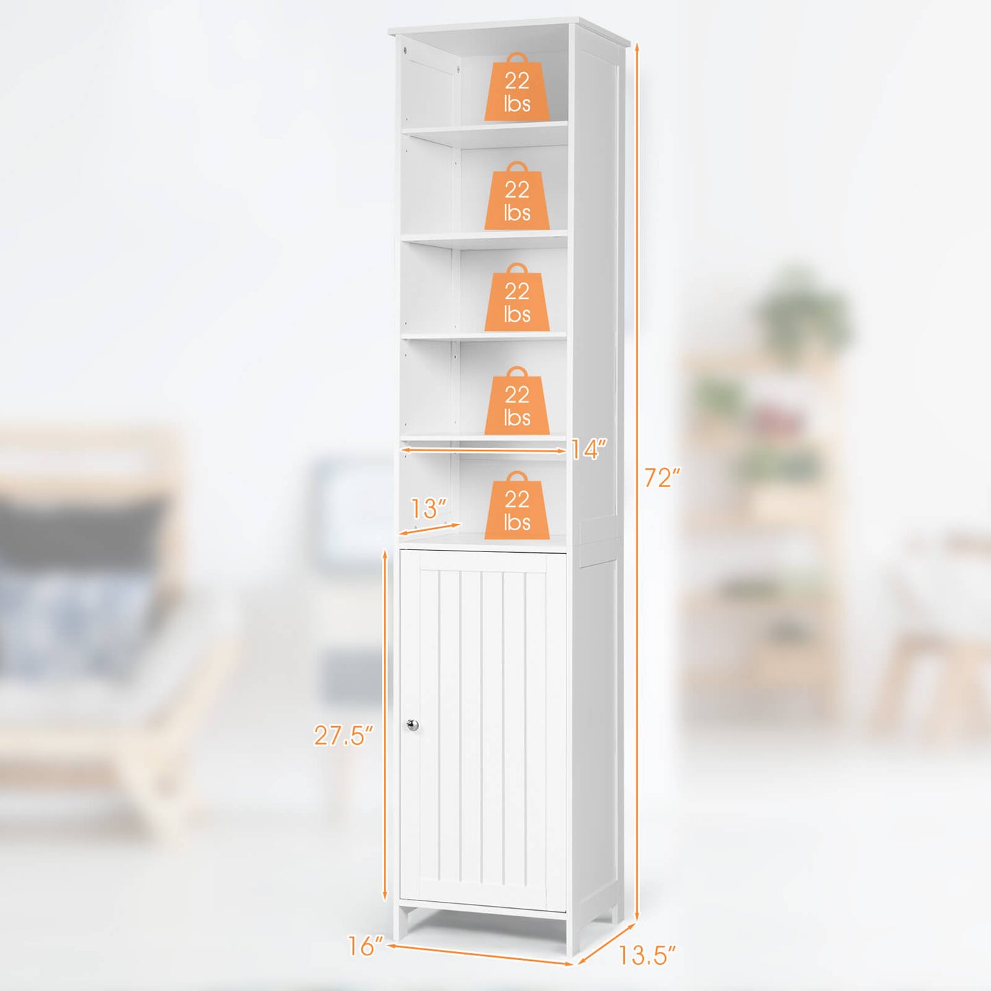 72 Inches Free Standing Tall Floor Bathroom Storage Cabinet-White