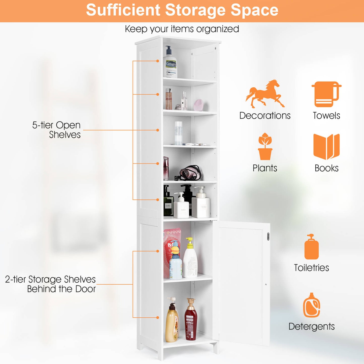72 Inches Free Standing Tall Floor Bathroom Storage Cabinet-White