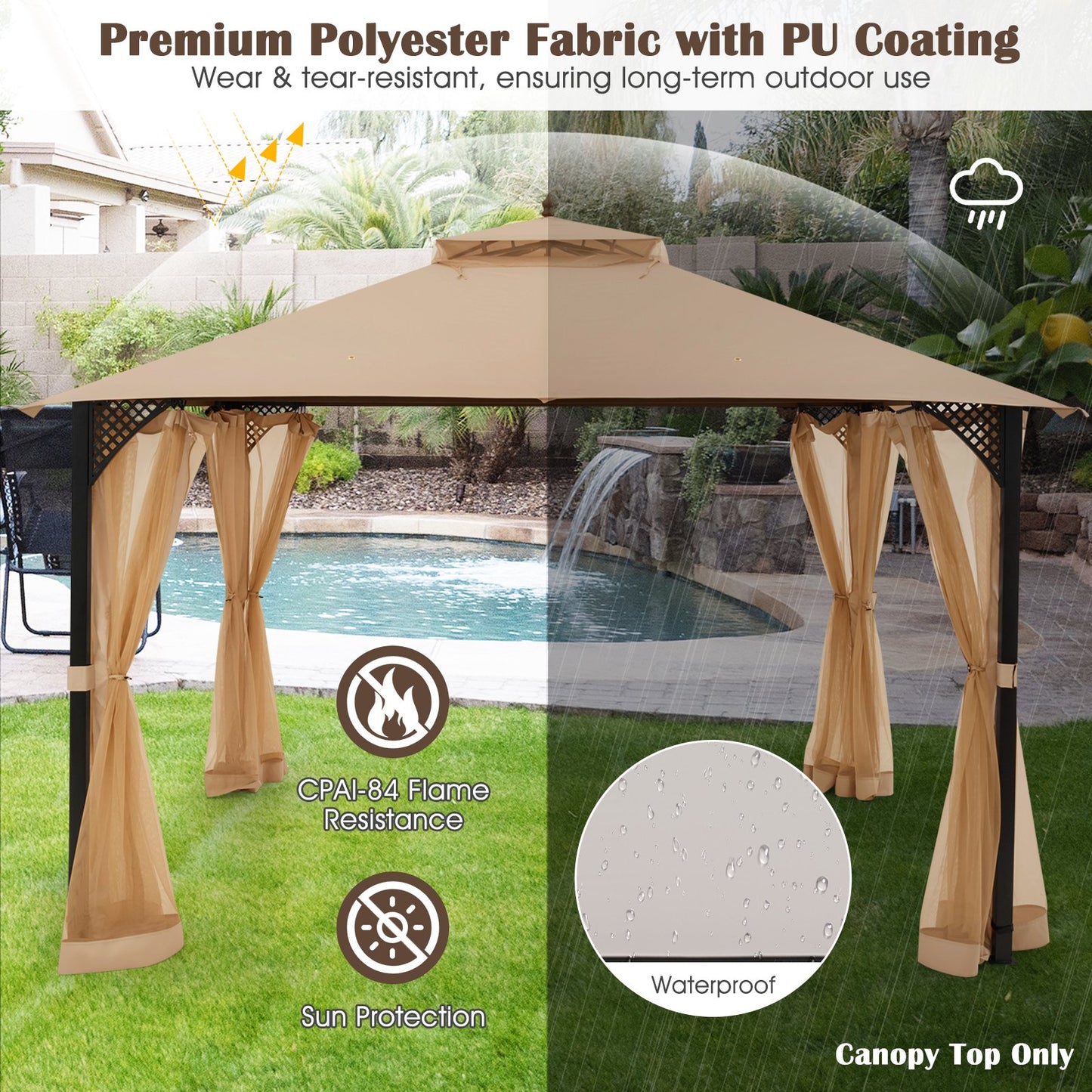 10 x 12 Feet Gazebo Replacement Top with Air Vent and Drainage Holes-Beige