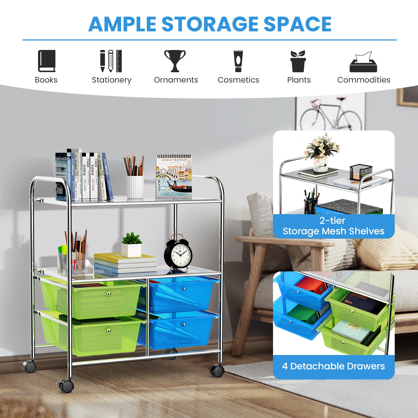 4 Drawers Rolling Storage Cart-Blue & Green - Direct by Wilsons Home Store