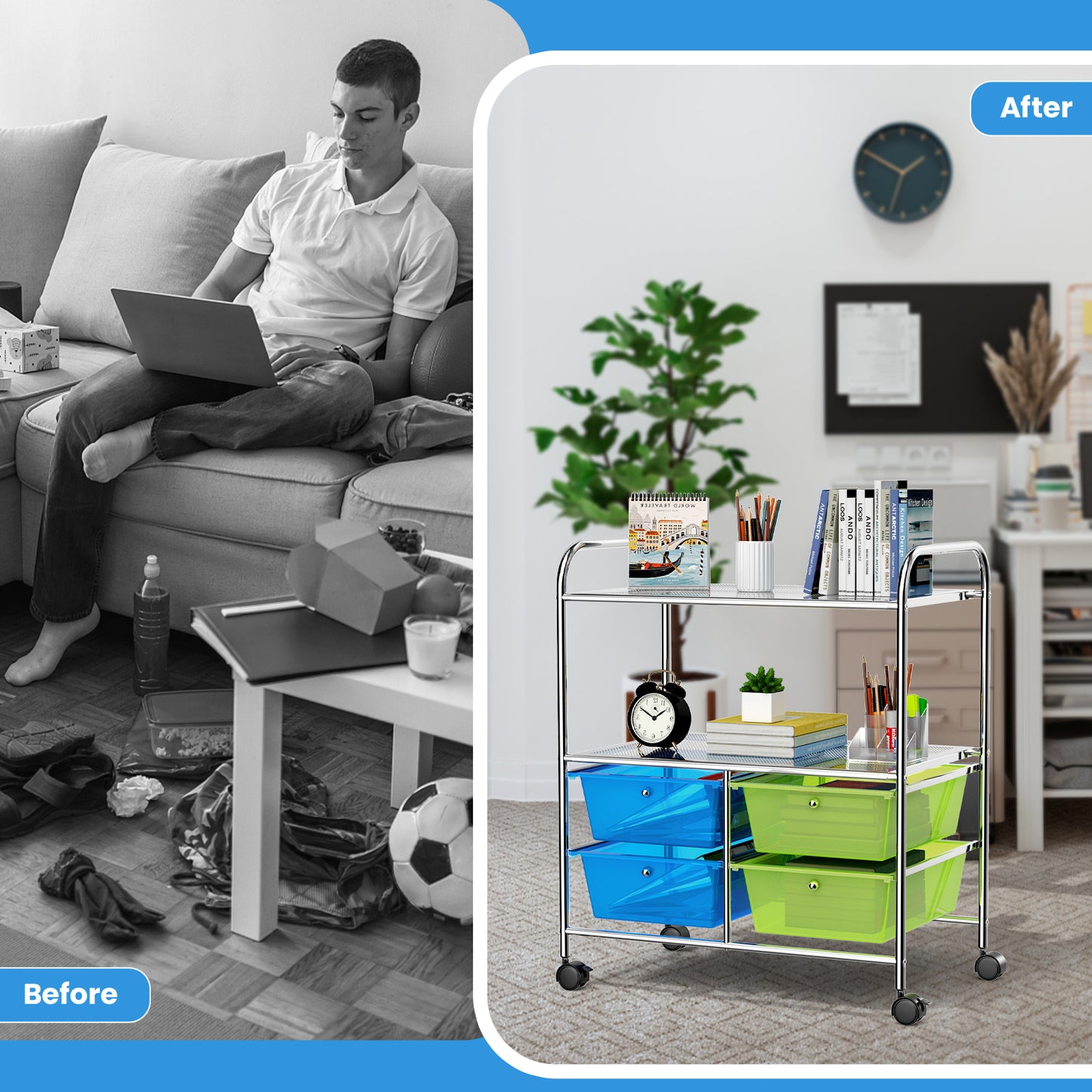 4 Drawers Rolling Storage Cart-Blue & Green - Direct by Wilsons Home Store