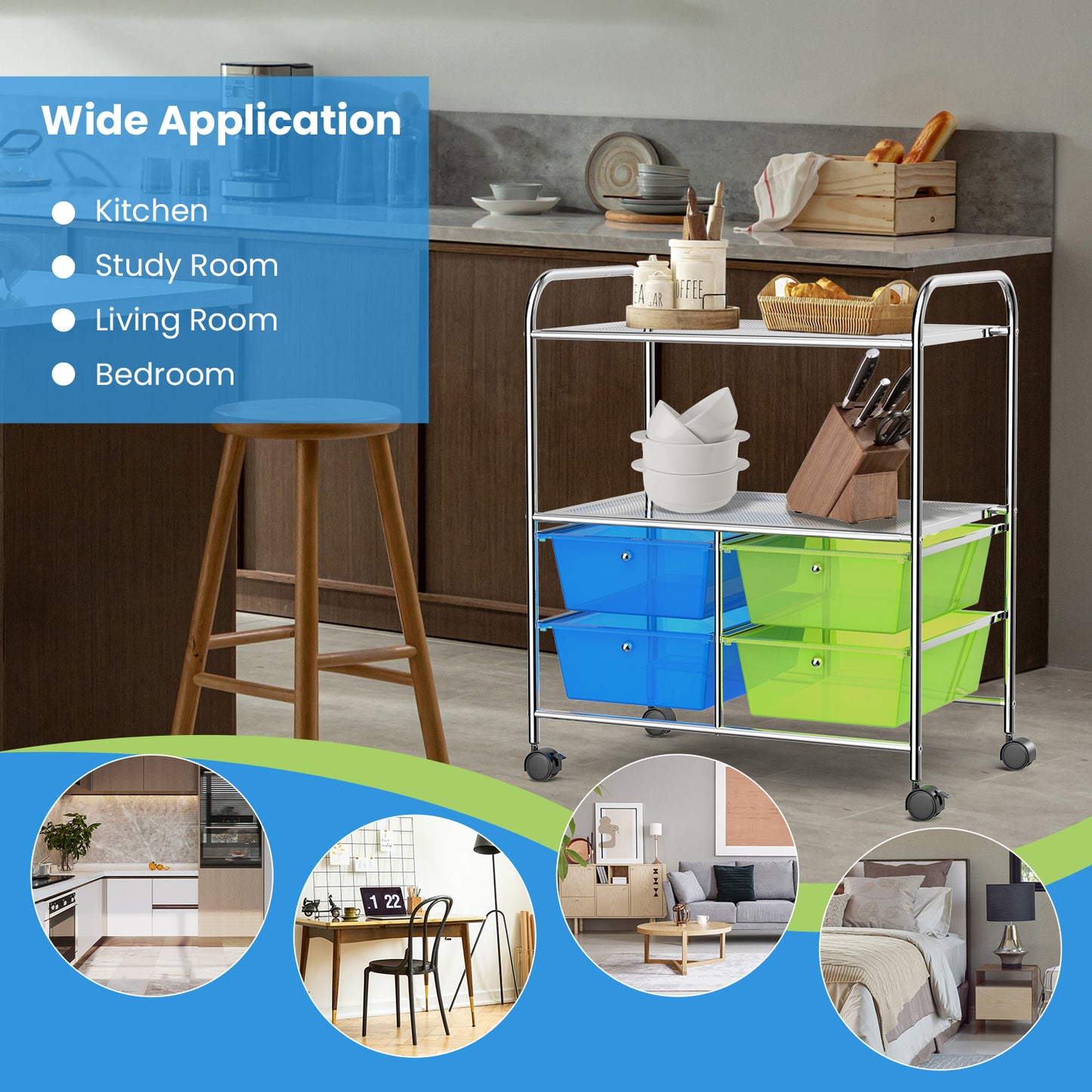 4 Drawers Rolling Storage Cart-Blue & Green - Direct by Wilsons Home Store