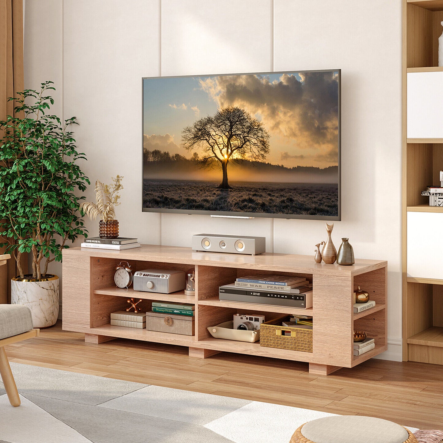 Modern TV Stand Wood Storage Console Entertainment Center-Natural