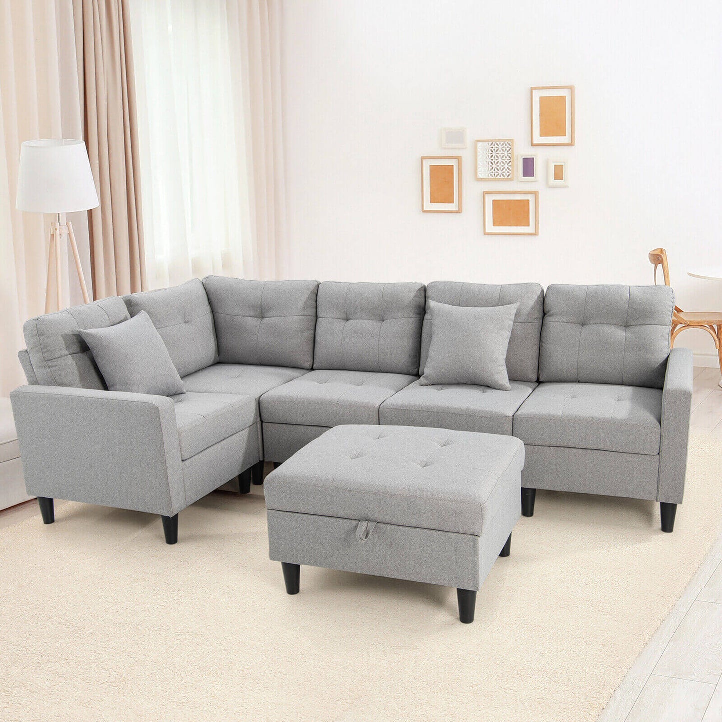 L-shaped Sectional Corner Sofa Set with Storage Ottoman-Beige