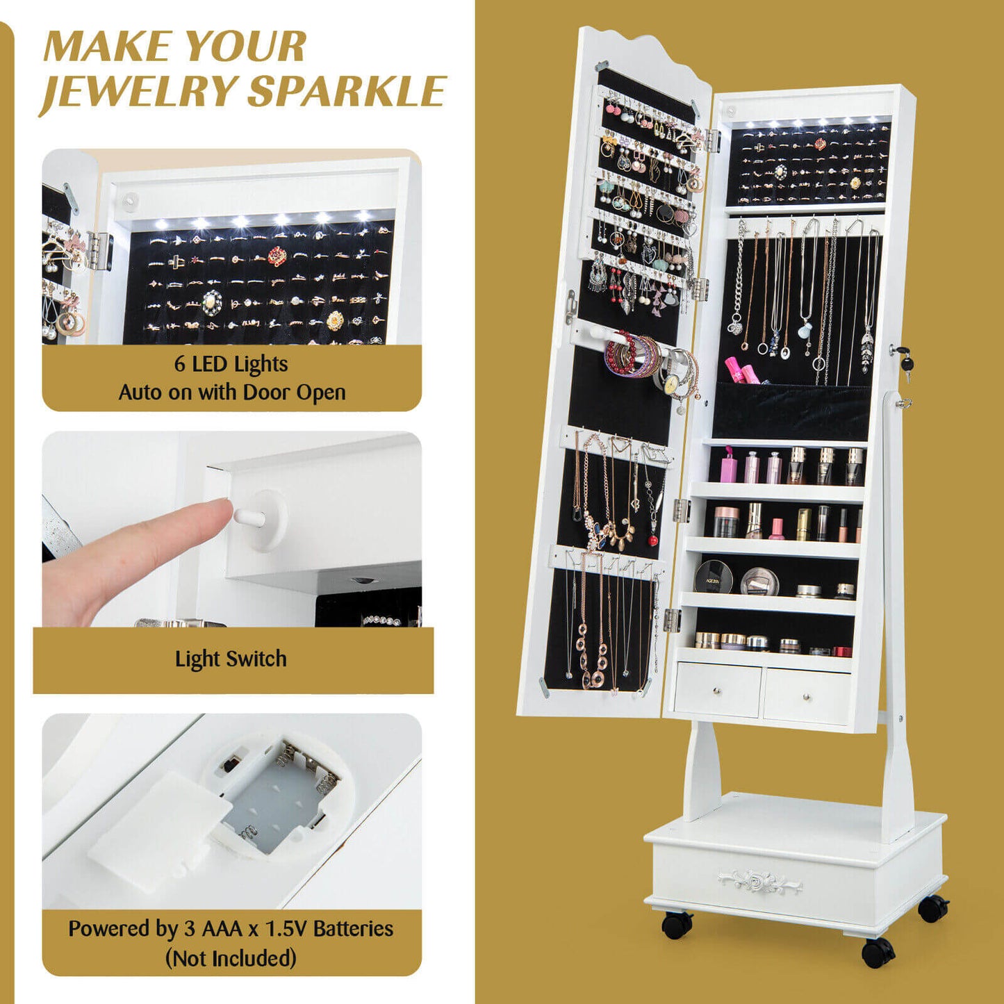 Rolling Floor Standing Mirrored Jewelry Armoire with Lock and Drawers-White