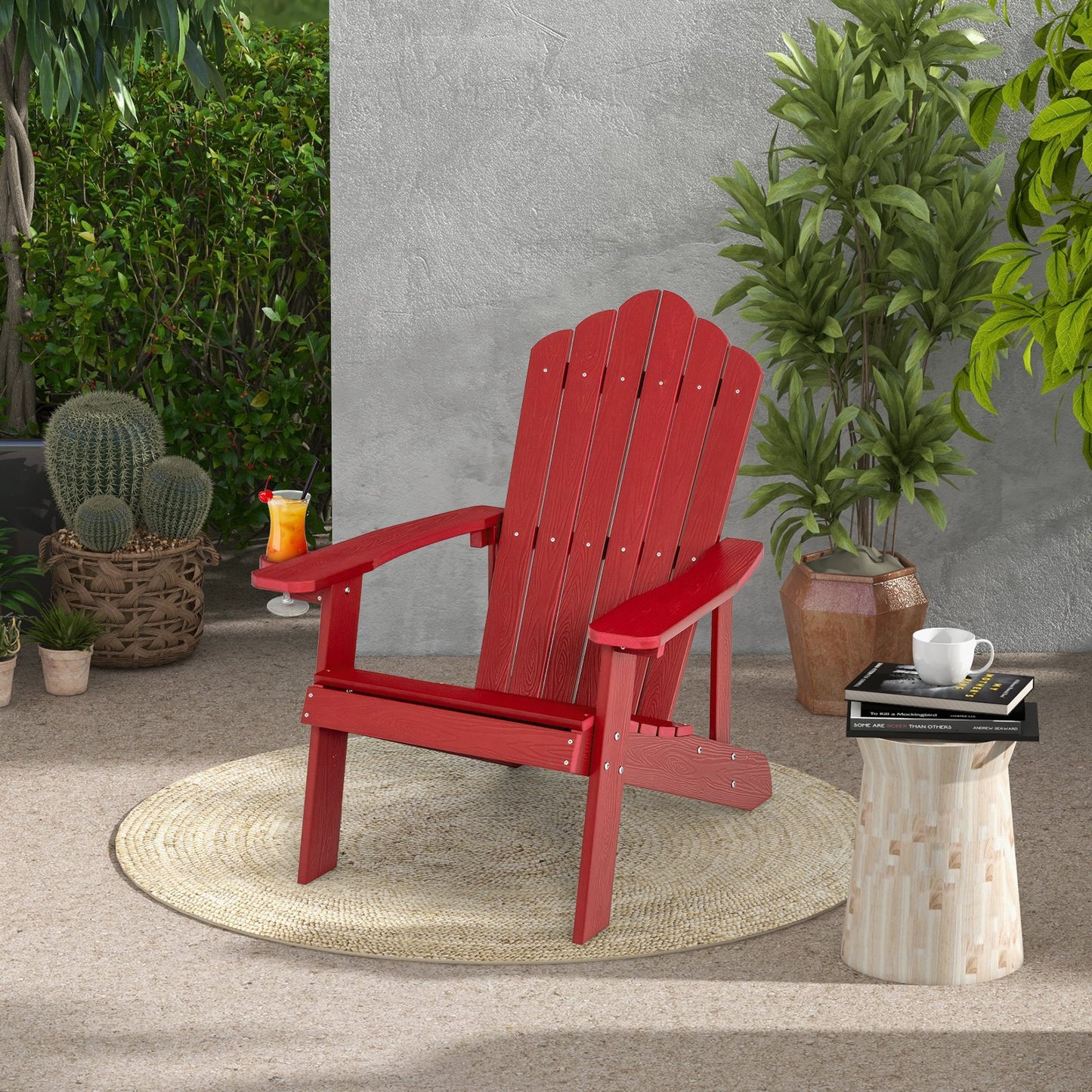Weather Resistant HIPS Outdoor Adirondack Chair with Cup Holder-Black