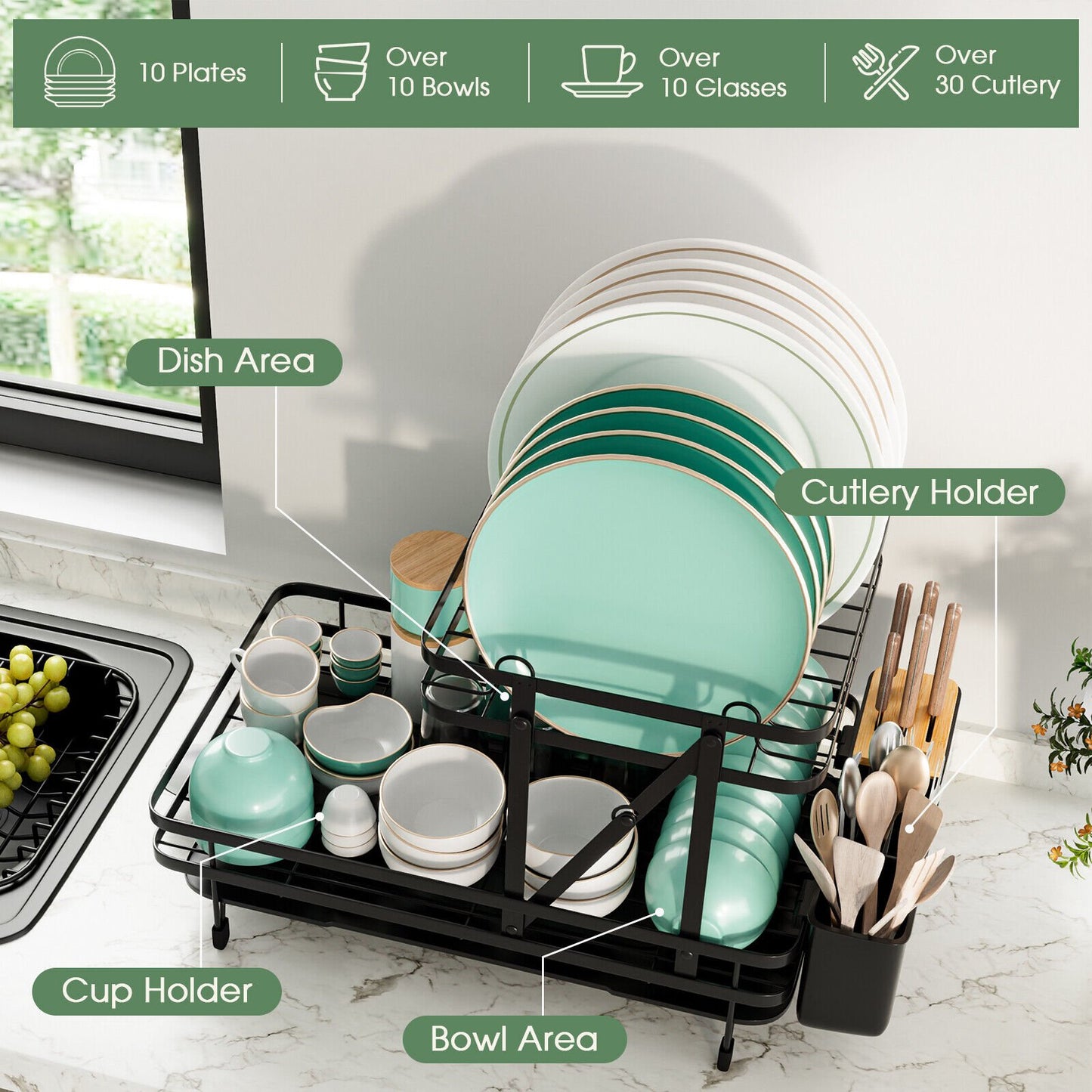 2-Tier Collapsible Dish Rack with Removable Drip Tray-Black