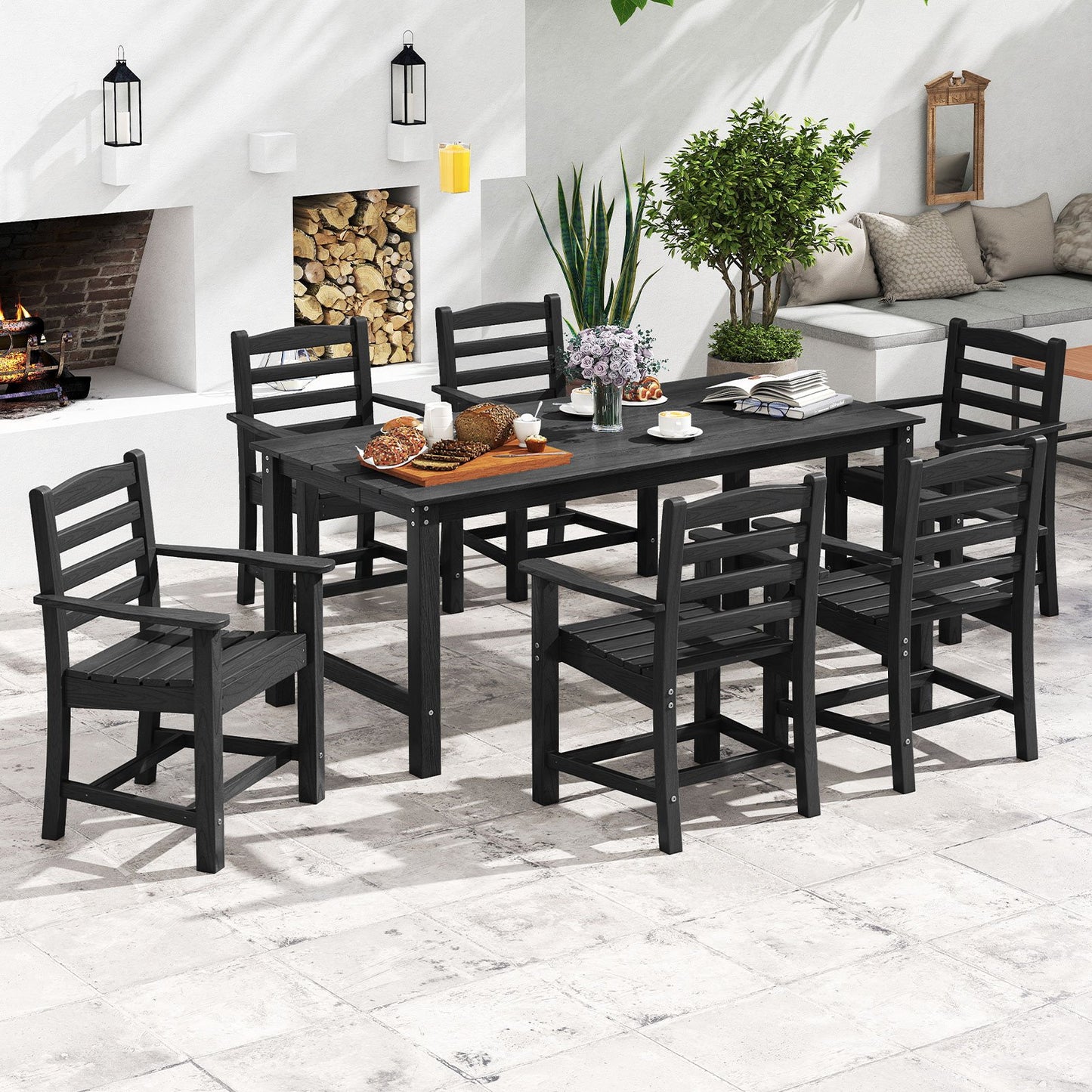 7 Pieces Outdoor Dining Table Set for 6 People 67” HDPE Patio Rectangle Table and 6 Armchairs-Black