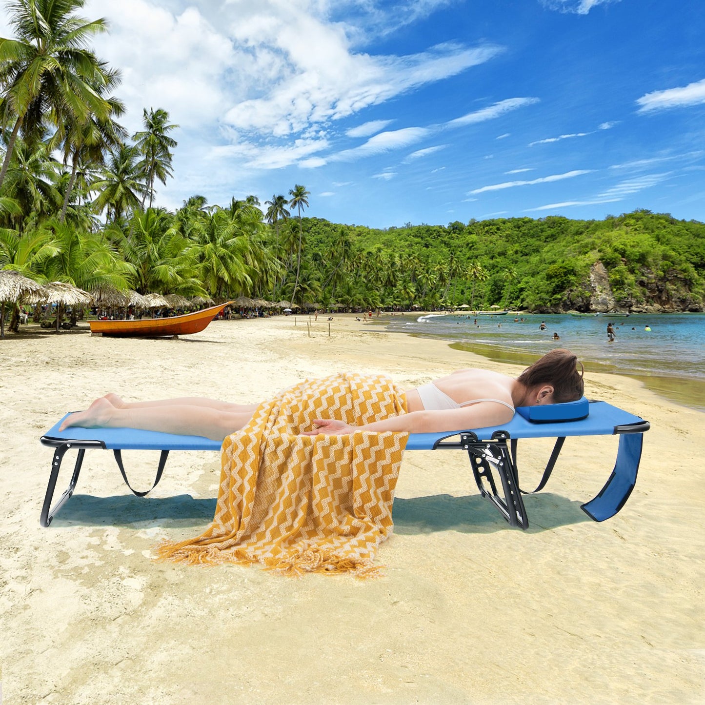 Beach Chaise Lounge Chair with Face Hole and Removable Pillow-Beige