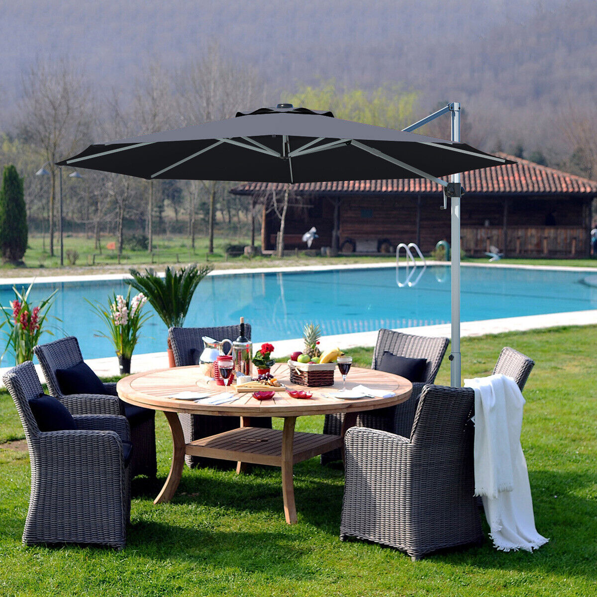 11 Feet Patio Offset Cantilever Umbrella 360° Rotation Aluminum Tilt-Gray