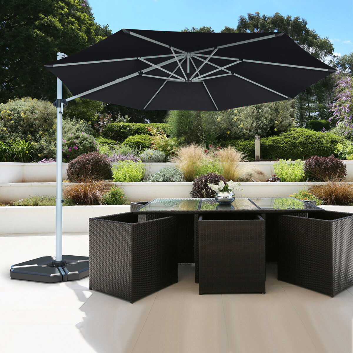 11 Feet Patio Offset Cantilever Umbrella 360° Rotation Aluminum Tilt-Gray