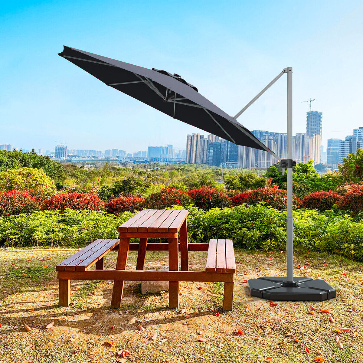 11 Feet Patio Offset Cantilever Umbrella 360° Rotation Aluminum Tilt-Gray