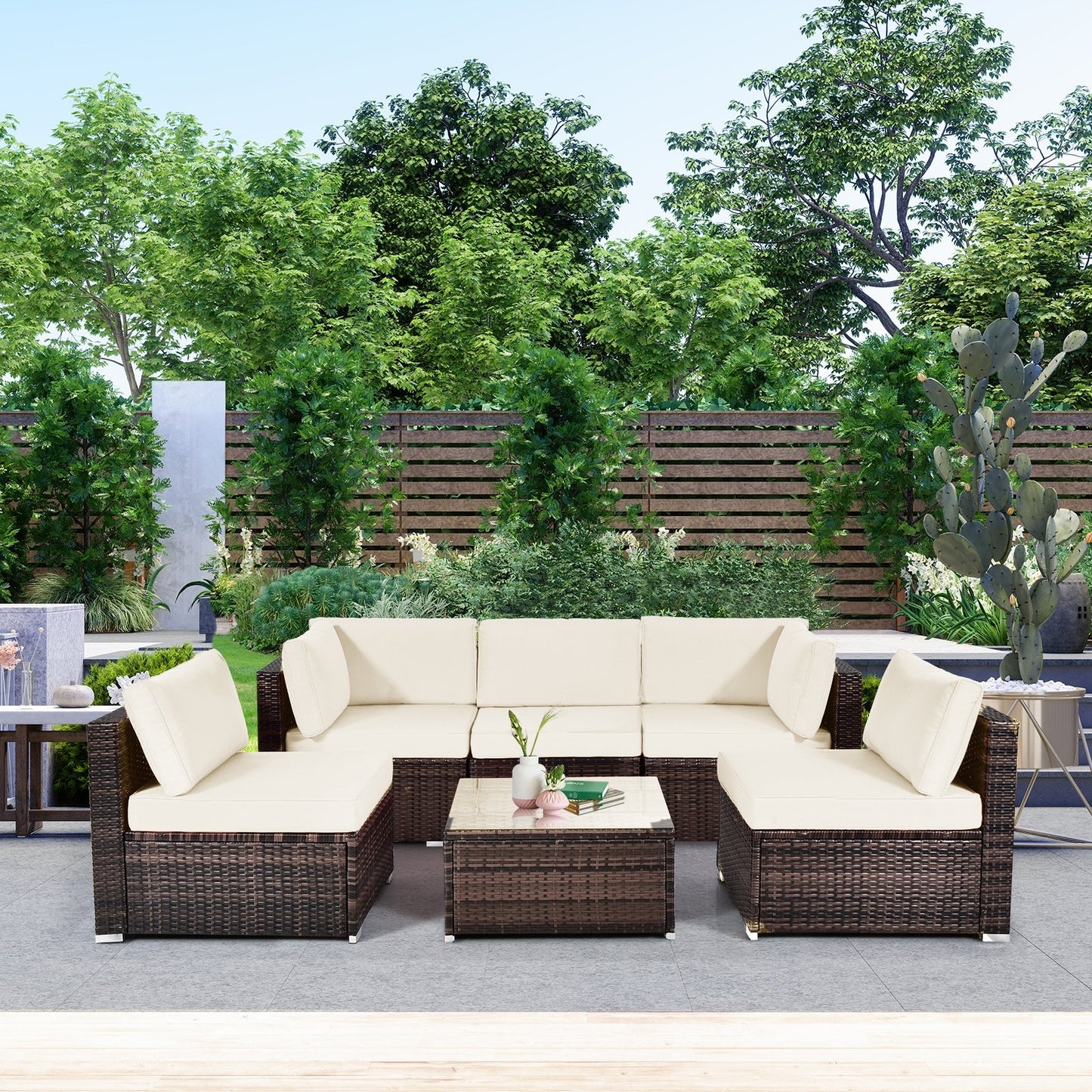 6 Pieces Patio Rattan Furniture Set with Cushions and Glass Coffee Table-Black