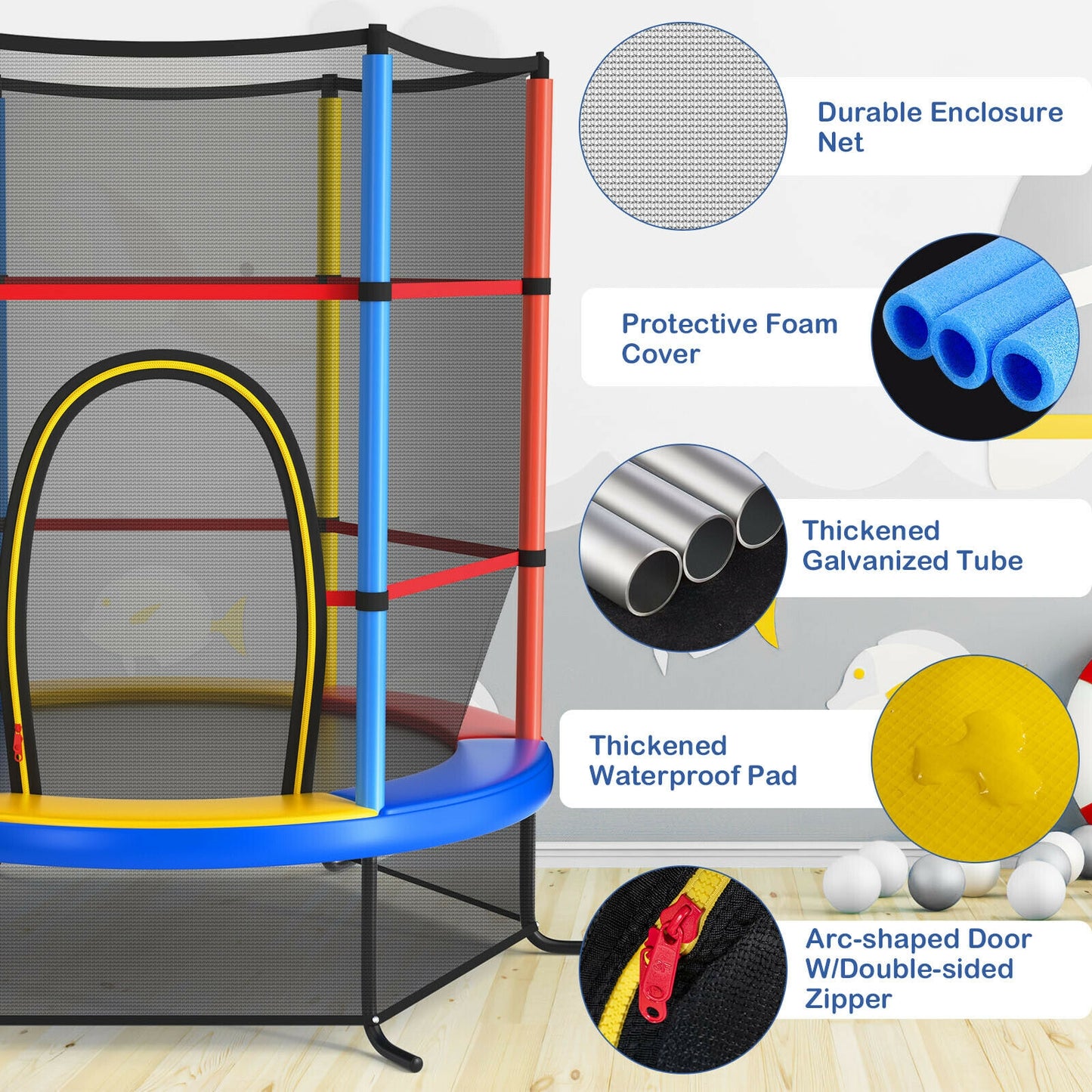 55 Inch Kids Recreational Trampoline Bouncing Jumping Mat with Enclosure Net-Yellow