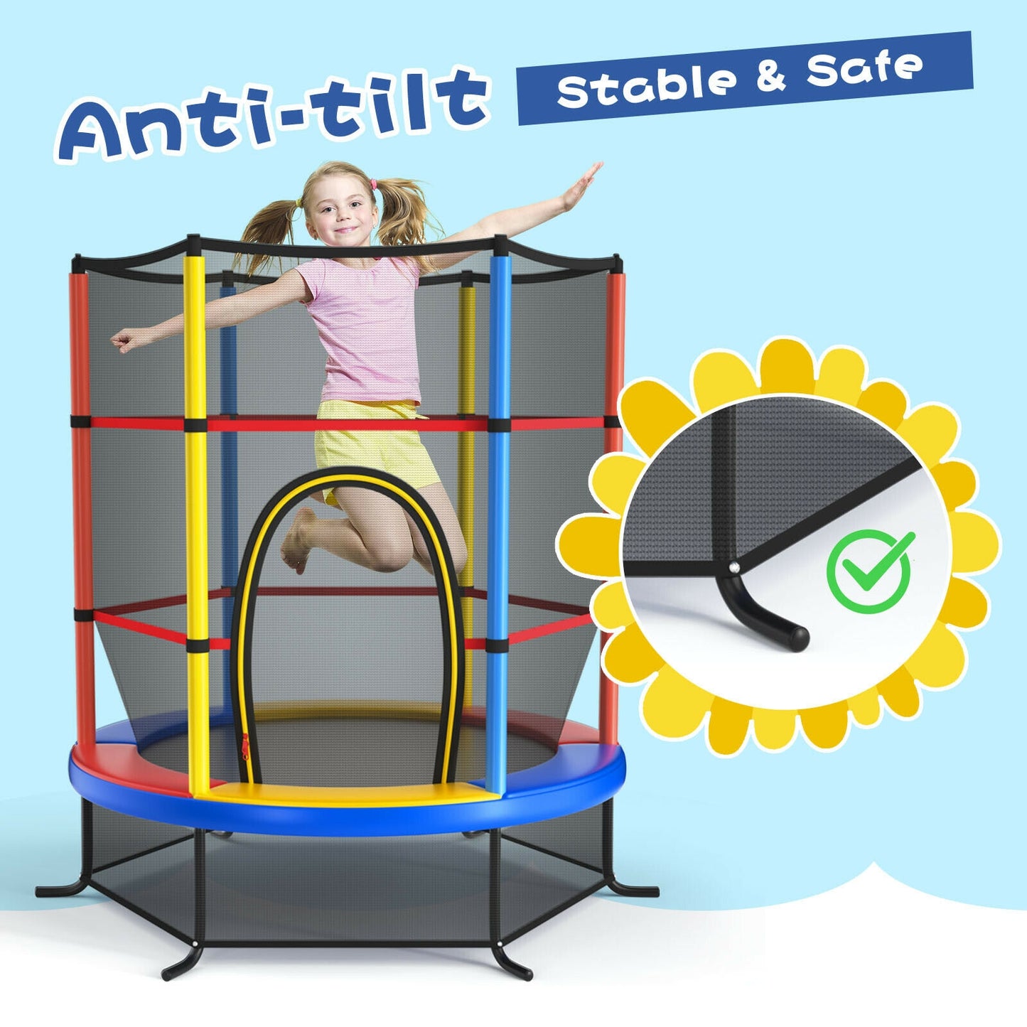 55 Inch Kids Recreational Trampoline Bouncing Jumping Mat with Enclosure Net-Yellow