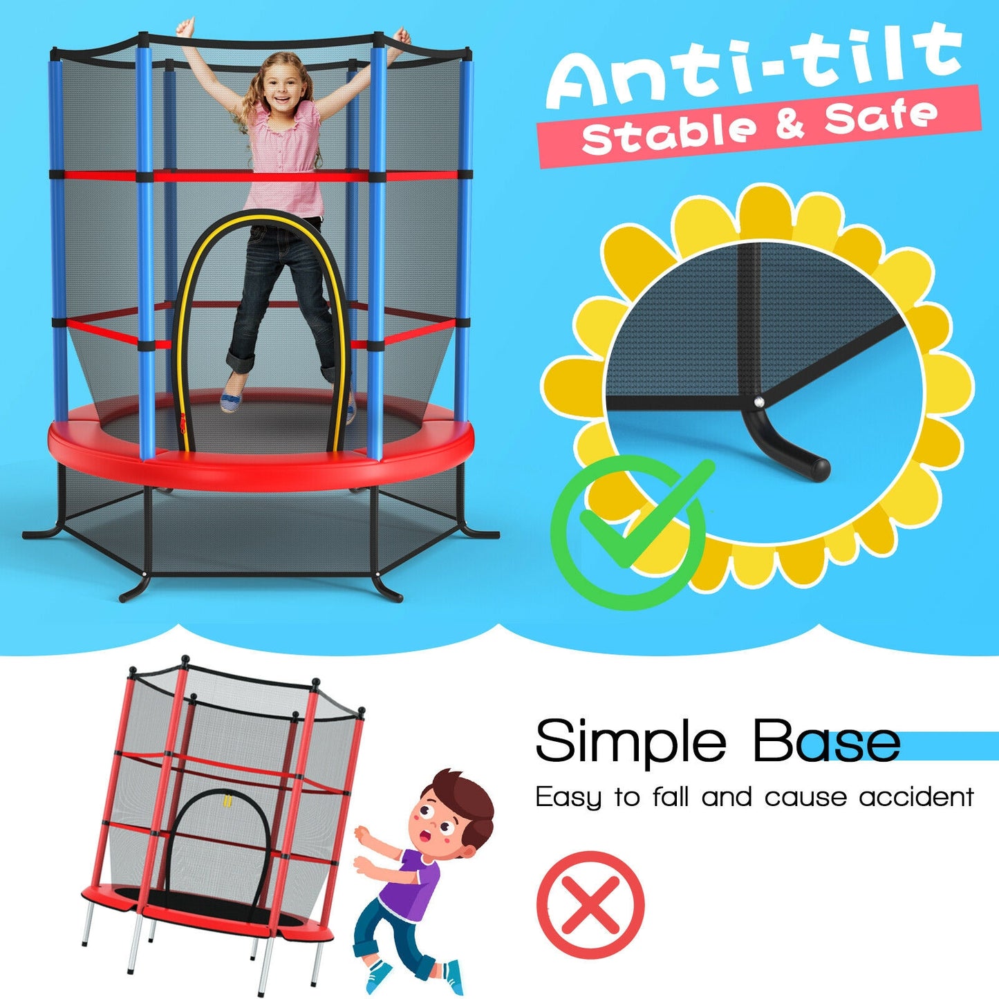 55 Inch Kids Recreational Trampoline Bouncing Jumping Mat with Enclosure Net-Navy