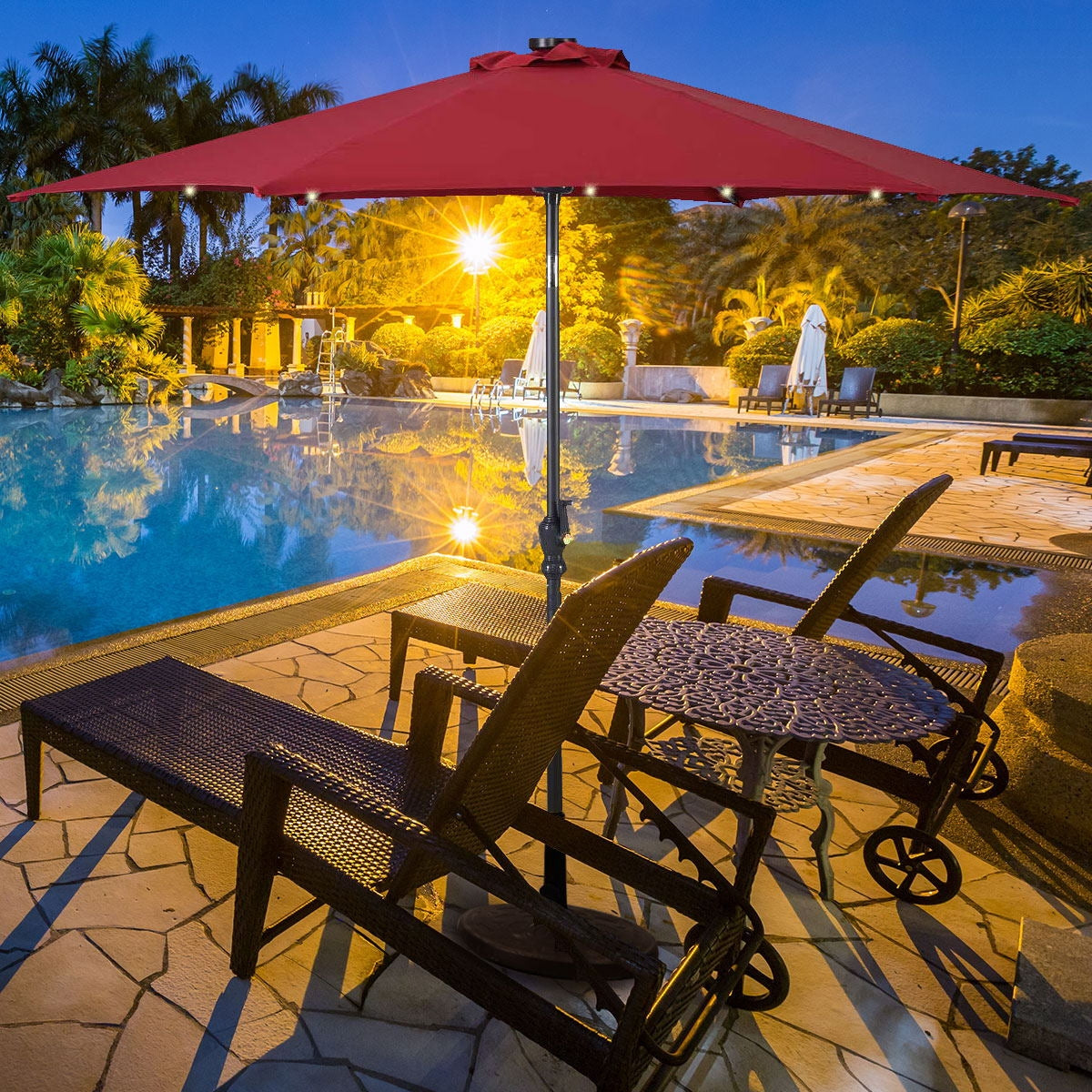 9' Solar LED Lighted Patio Market Umbrella Tilt Adjustment Crank Lift -Burgundy