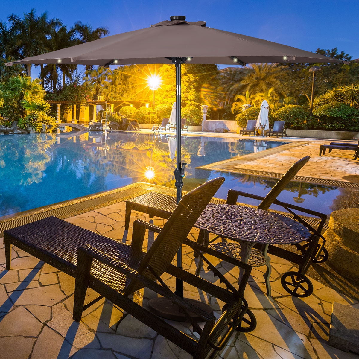9' Solar LED Lighted Patio Market Umbrella Tilt Adjustment Crank Lift -Tan