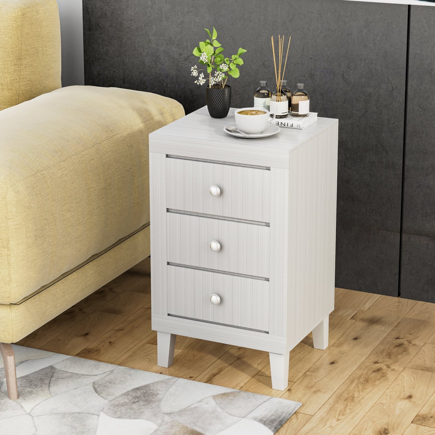 Modern Nightstand with 3 Drawers for Bedroom Living Room-Black