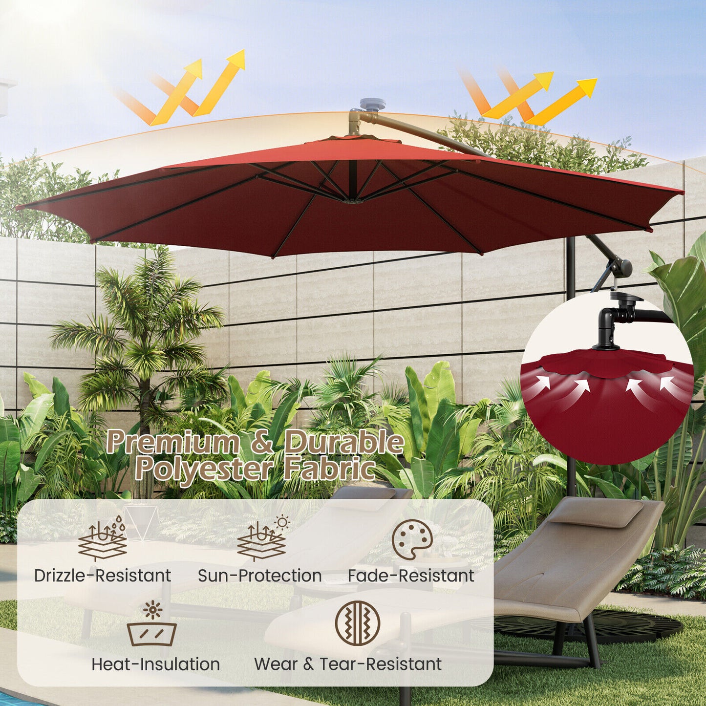 10 Feet Patio Offset Umbrella with 112 Solar-Powered LED Lights-Beige-Wine
