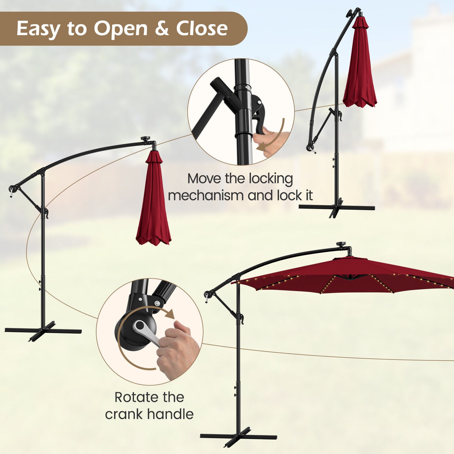 10 Feet Patio Offset Umbrella with 112 Solar-Powered LED Lights-Beige-Wine