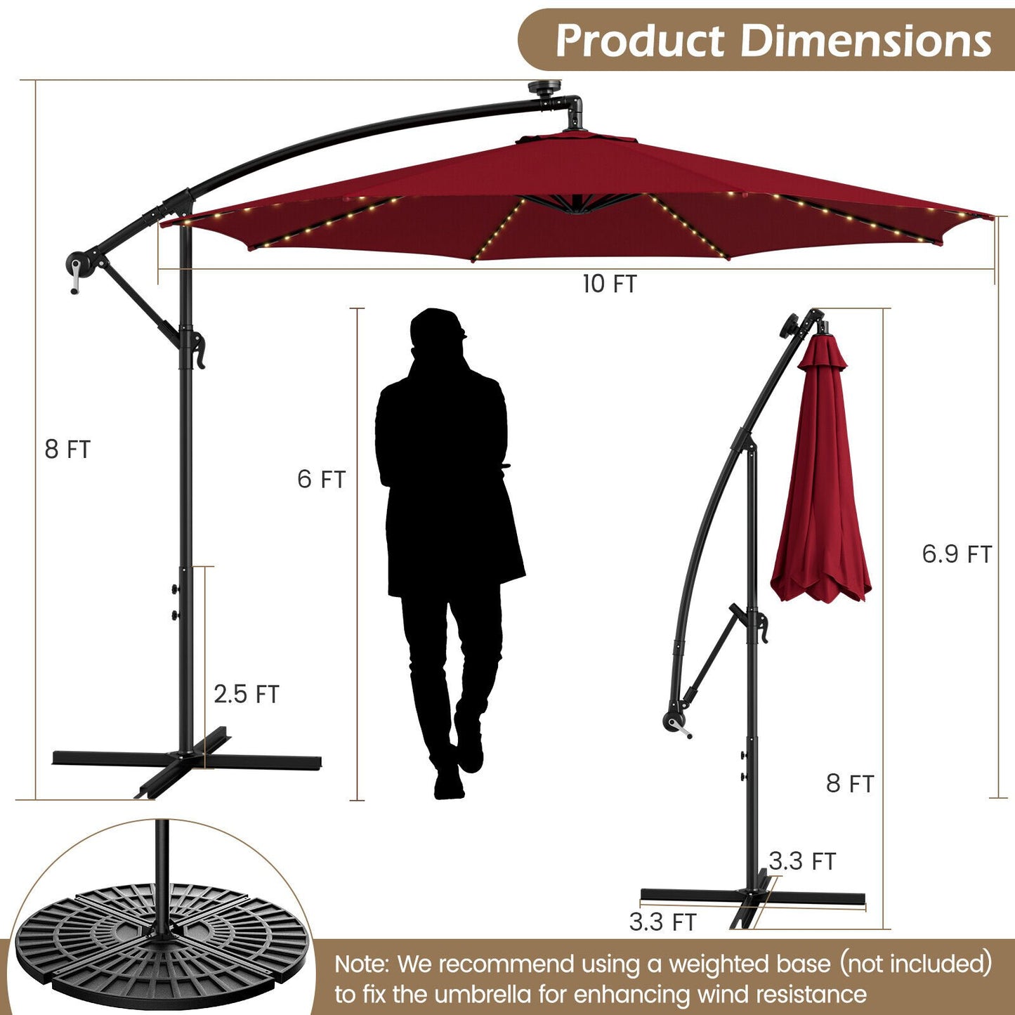 10 Feet Patio Offset Umbrella with 112 Solar-Powered LED Lights-Beige-Beige