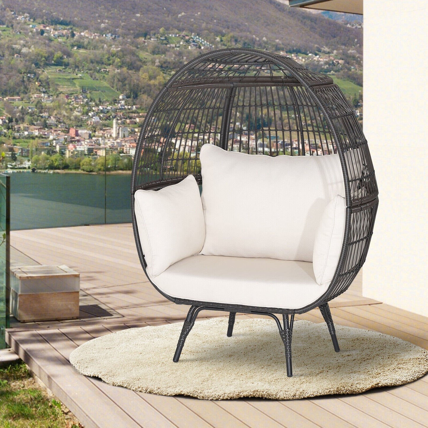 Oversized Indoor Wicker Egg Chair with Sturdy Metal Frame for Patio-Black