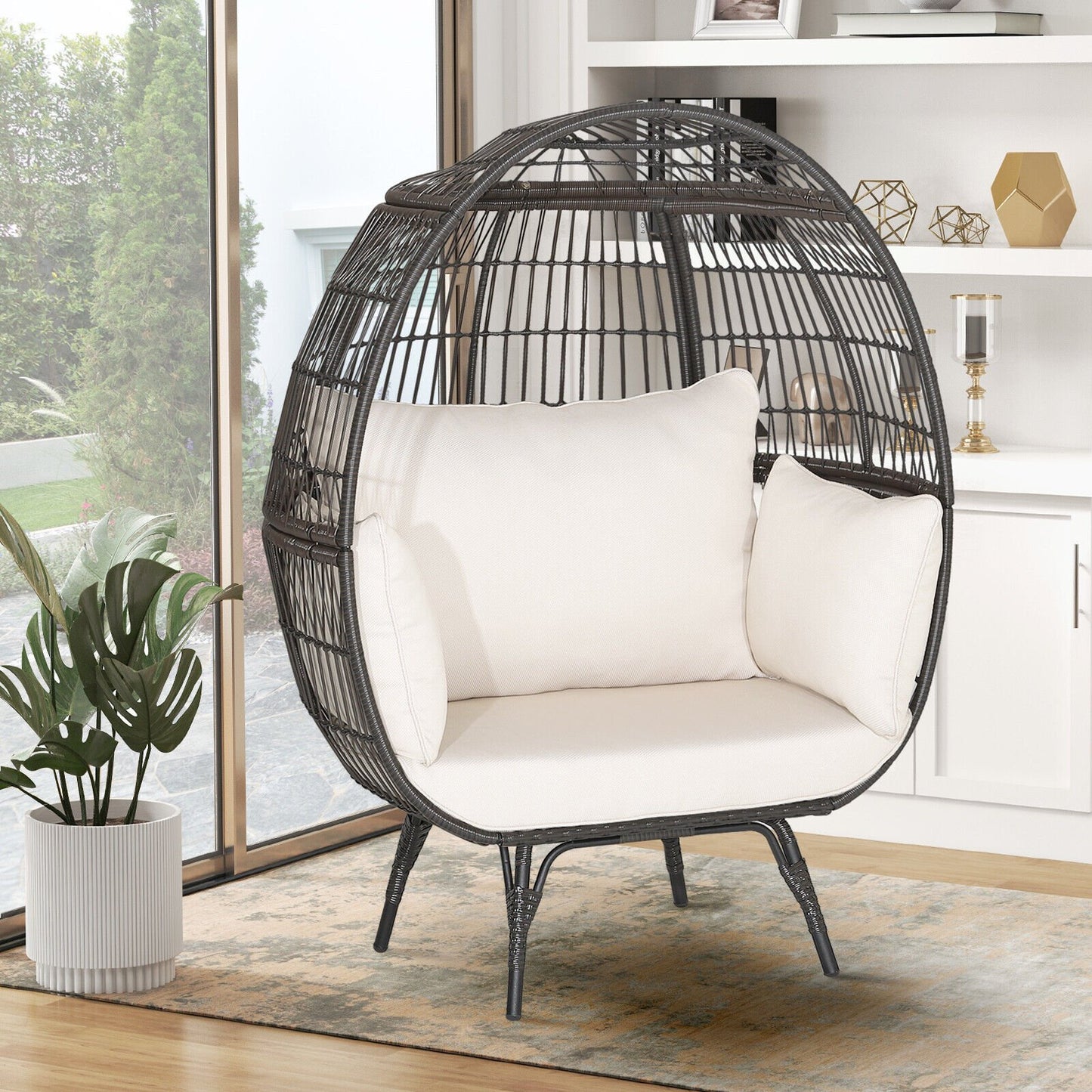 Oversized Indoor Wicker Egg Chair with Sturdy Metal Frame for Patio-Black