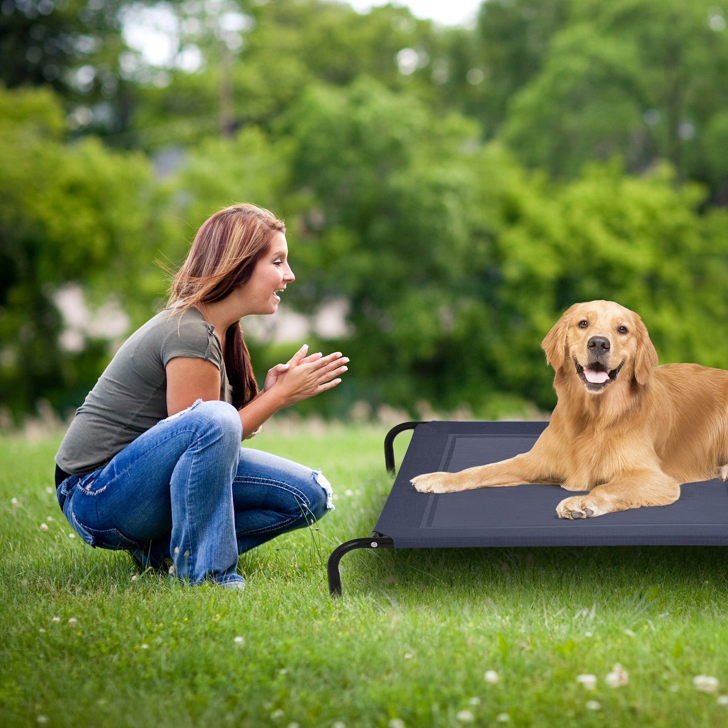 Large Pet Bed Indoor Outdoor Camping Steel Frame Elevated Pet Cot Mat-XL