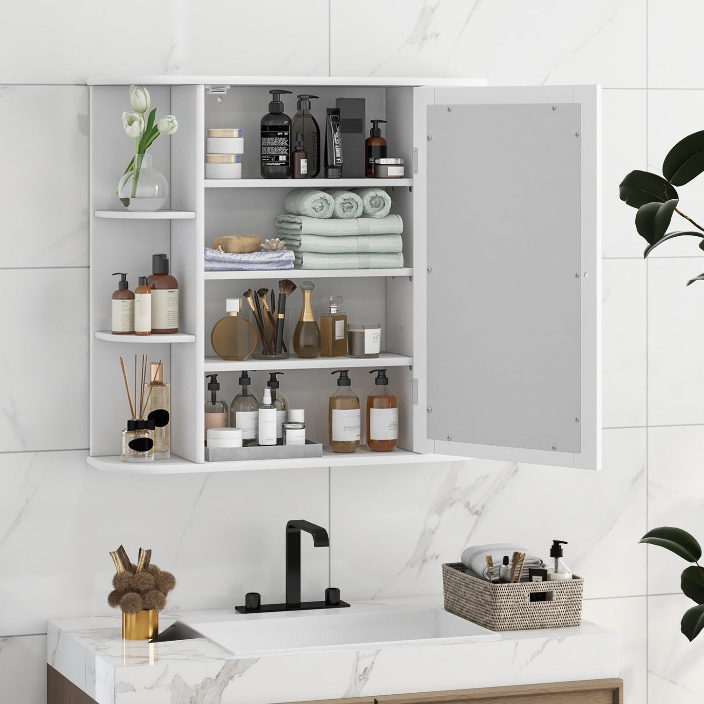 Wall-Mounted Bathroom Mirror Cabinet with Storage Shelves-Black