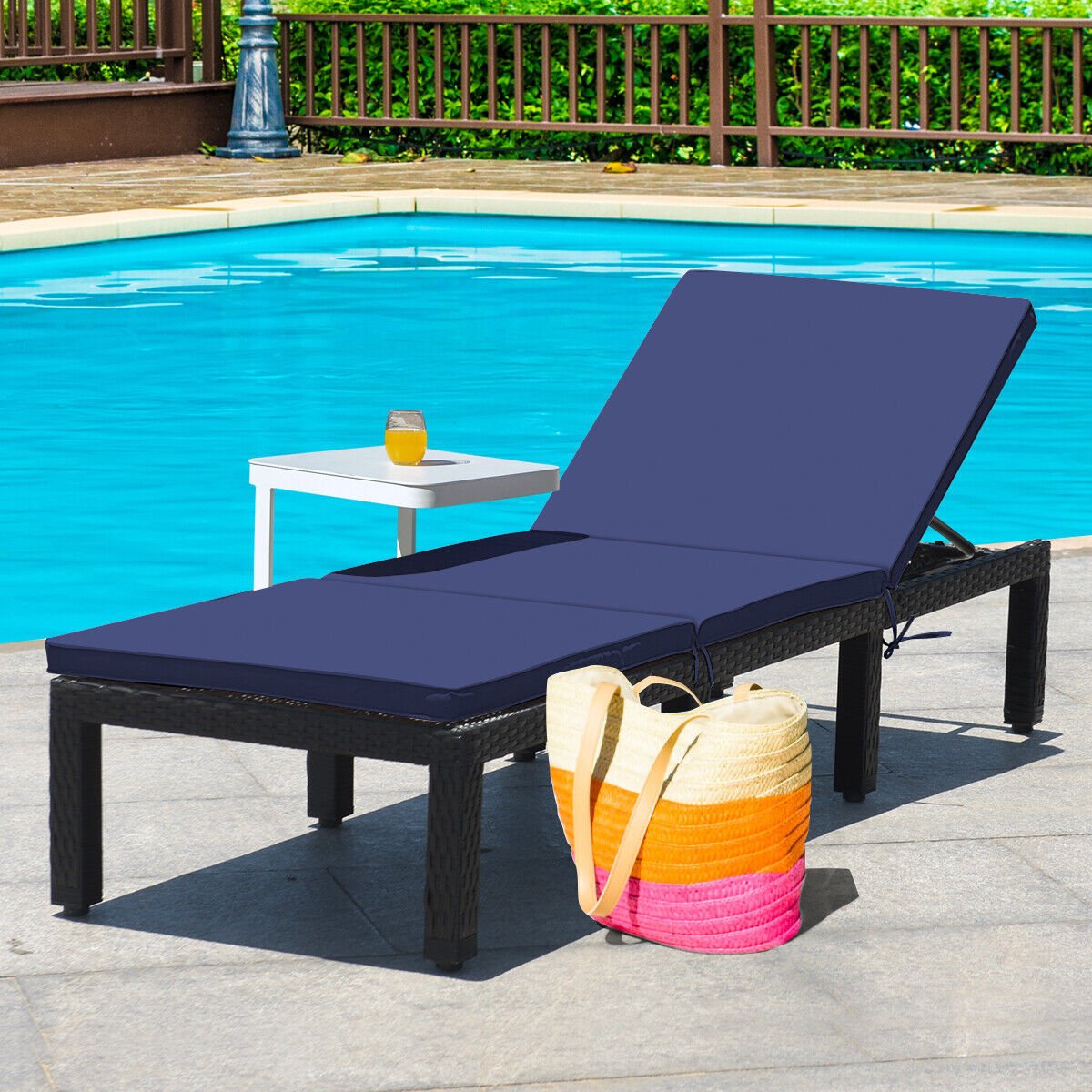 Patio Rattan Height Adjustable Lounge Chair with 2 Set of Cushion Cover-Black & Turquoise