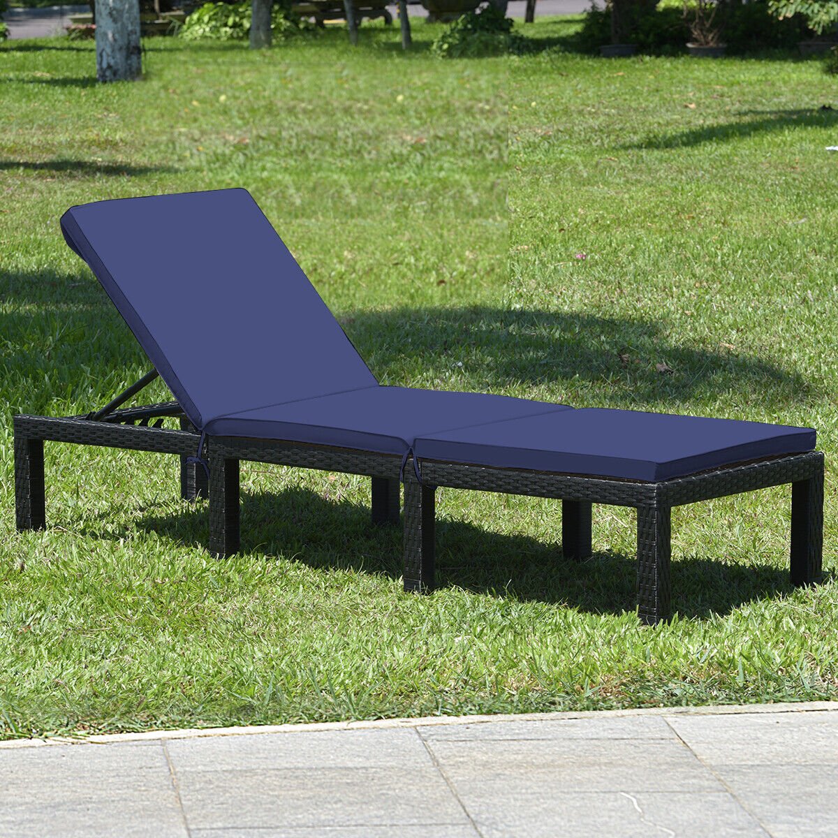 Patio Rattan Height Adjustable Lounge Chair with 2 Set of Cushion Cover-Black & Turquoise
